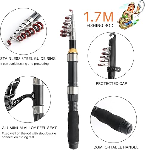 Miniatura 3 de Carrete telescópico de caña de pescar, carrete giratorio de caña de pescar ultraligero con bolsa de aparejos todo en uno, accesorios de pesca,