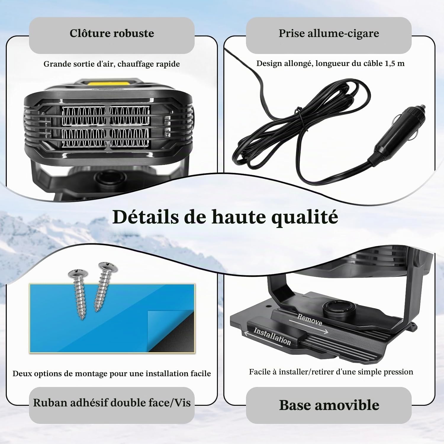 Chauffage de voiture, 2 en 1 Chauffage et refroidissement rapide avec dégivrage et désembuage, support à aspiration à rotation 360°, prise allume-cigare pour tous les pare-brise de voiture