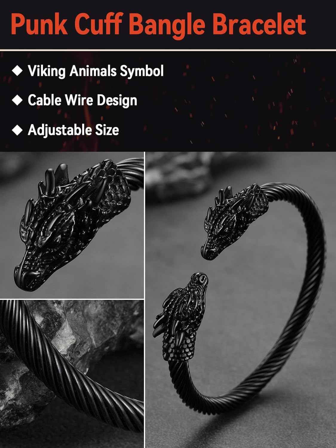 FaithHeart Viking Cuff Bracelets for Men, Silver/Black Stainless Steel Bangle Bracelet Norse Mythology Amulet Talisman Jewelry, Gift Box - Image 5