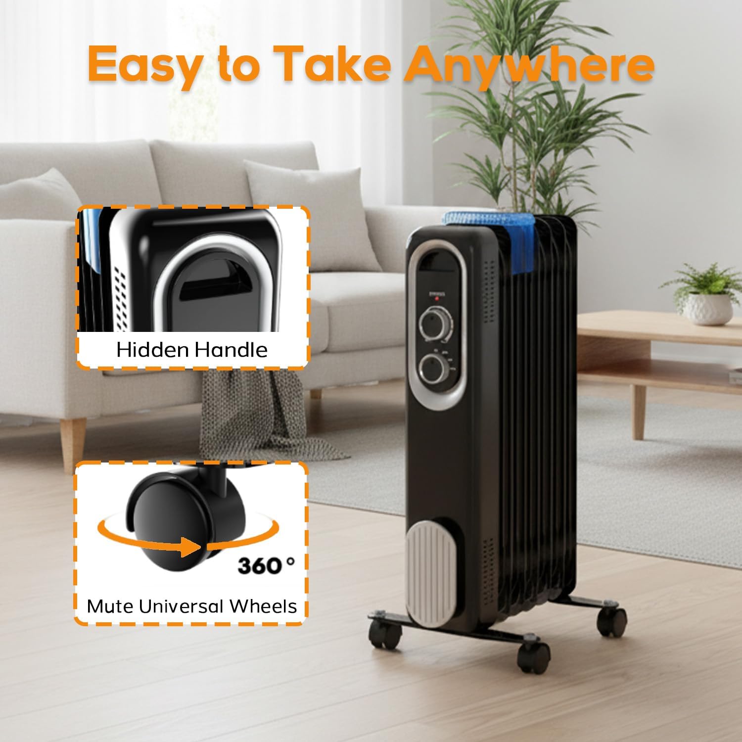 Close-up of the heater's hidden handle and 360-degree universal wheels
