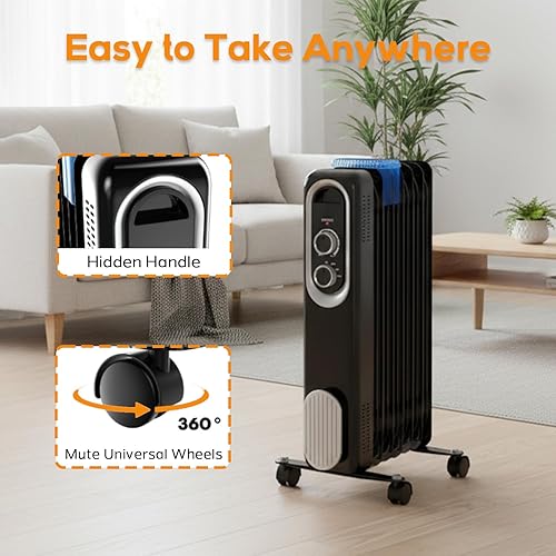 Miniatura 7 de Calentador de radiador lleno de aceite, calentadores eléctricos de 1500 W para uso en interiores, radiador portátil con termostato ajustable, 3