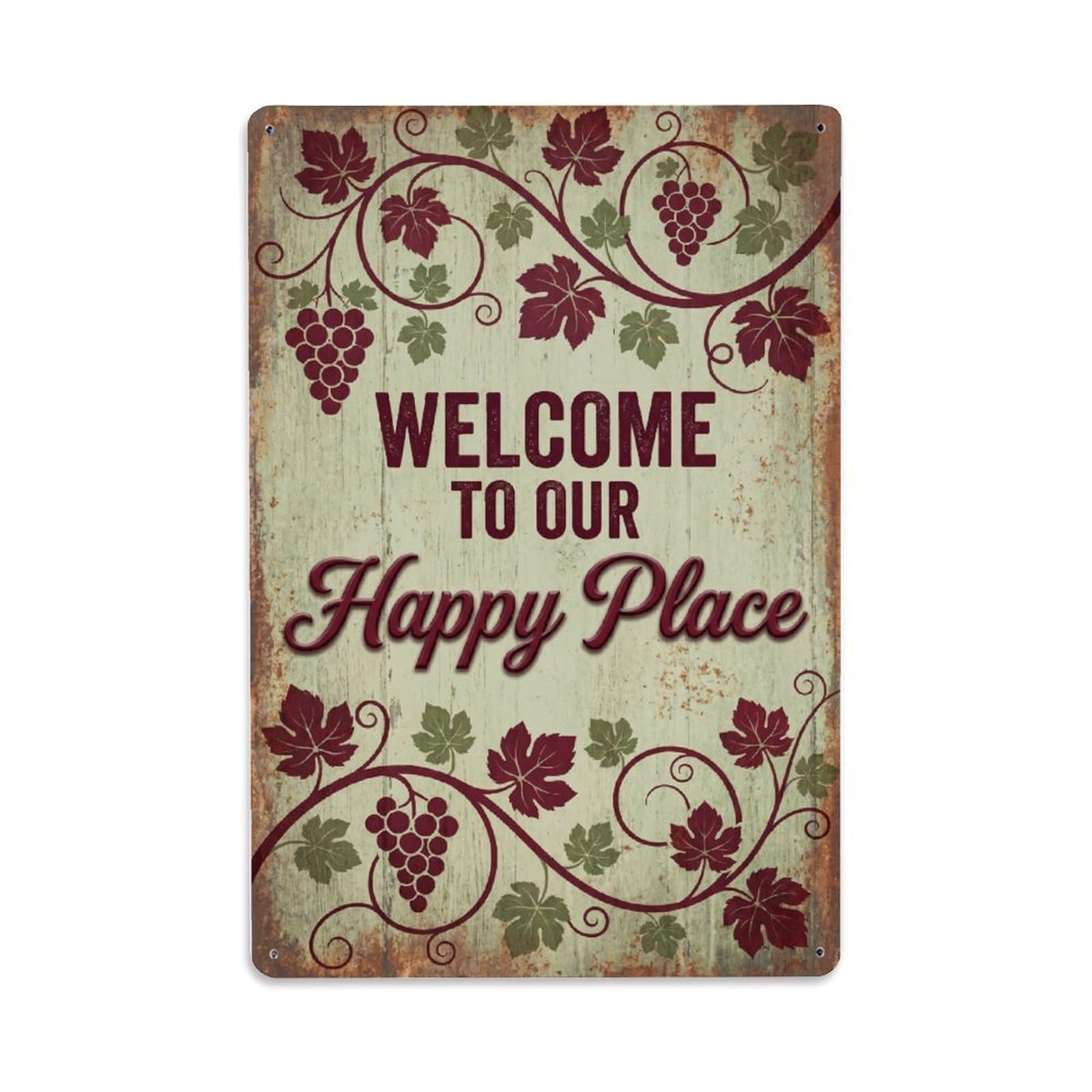 Fqnyr Style Welcome To Our Happy Place Wineberry Vineyard Metal Tin Sign Plaque Wall Decor For Cafe, Club Bar, Office, Home Garden Metal Poster 8X12inch