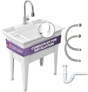 Freestanding Utility Sink with Stainless Steel Gooseneck Faucet - 32" Plastic Utility Sink for Garage, Laundry, Indoor and Oudoor Use - Laundry Tub Kit by Noah William Home - White (25.6 gal)