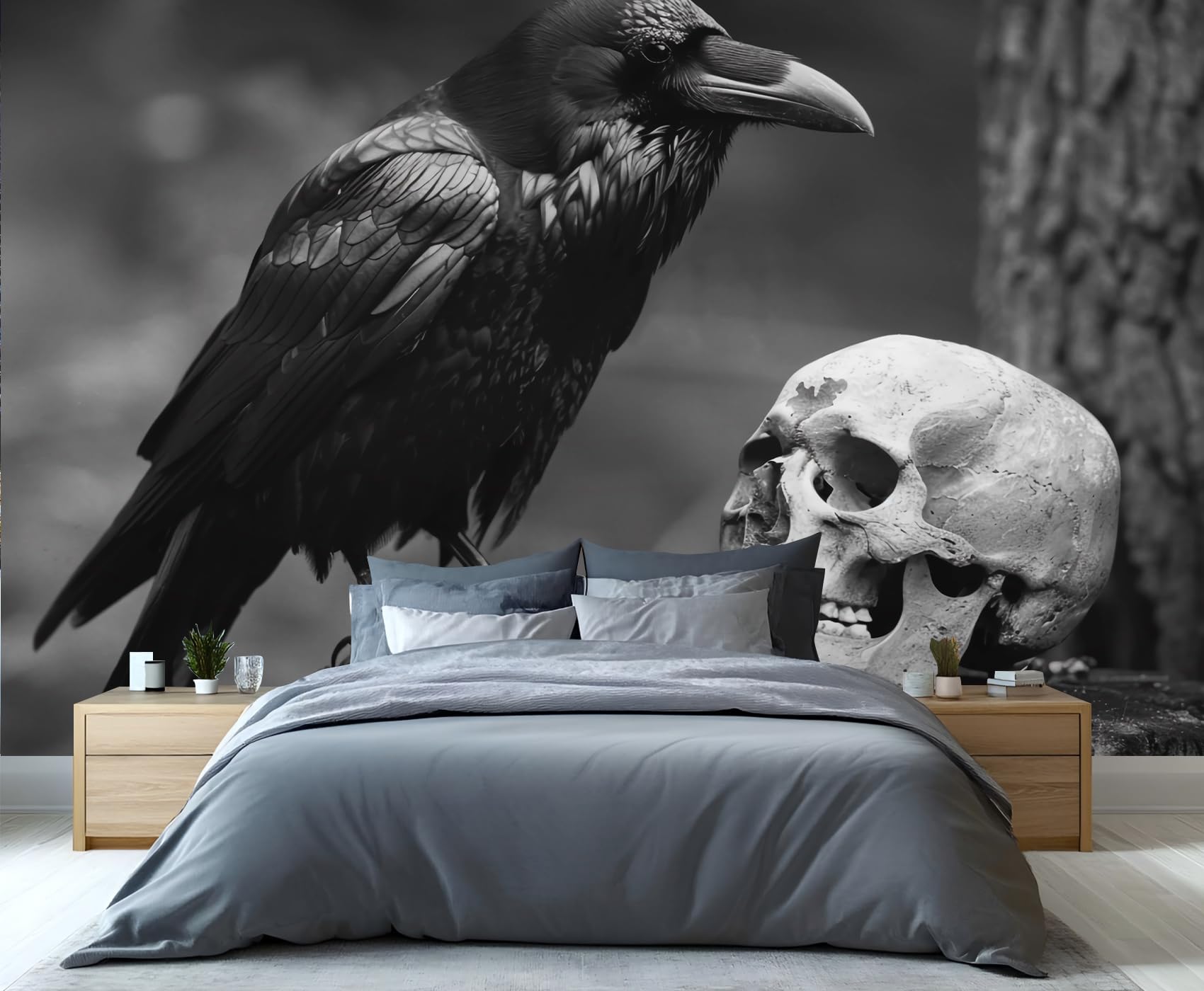 FunStick Gothic Skull Floral Peel & Stick Wallpaper - Dark Blue & Orange Vintage Removable Decor