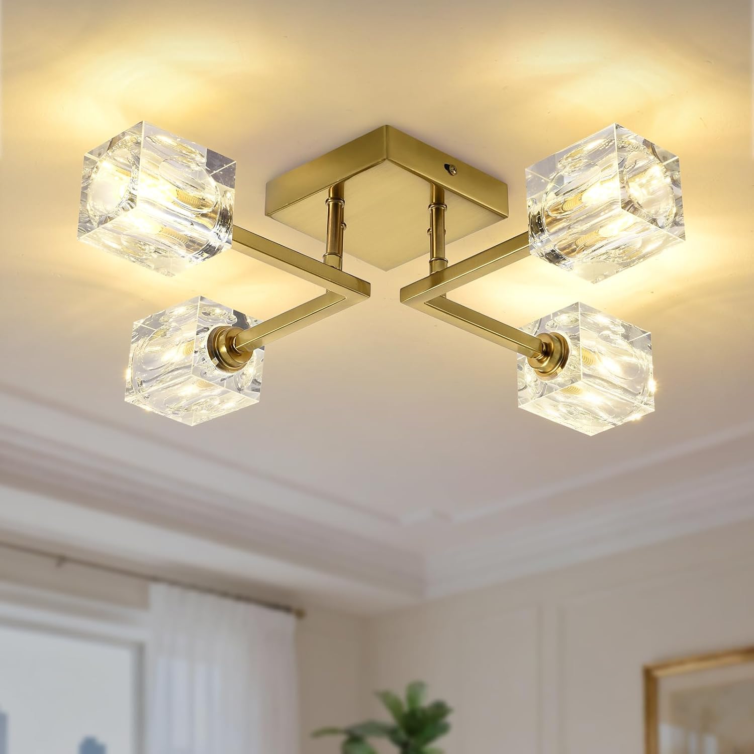 Gold Sputnik Ceiling Light Fixture, 4-Lights Semi Flush Mount Ceiling Light, 17.7 inch Mid Century Modern Crystal Chandelier for Bedroom Kitchen Dining Room Hallway Entryway Office