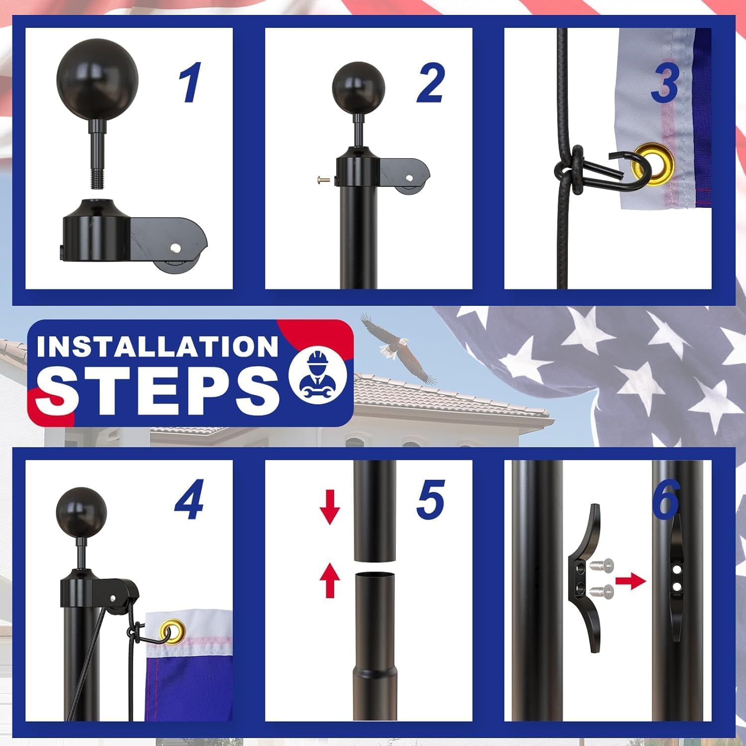 25FT Heavy Duty Flag Pole - Extra Thick Aluminum Flagpole kit with 5x3 Nylon Embroidered Flag for Outside Yard,Outdoor,Commercial or Residential-Ground - 100MPH Wind Tested,Black