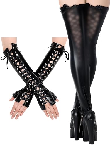 Fourluoo 2 Pcs Women's Wet Look Leather Costume Set, Lace up Fingerless Long Gloves Thigh High Stockings for Cosplay - Large-X-Large - Black
