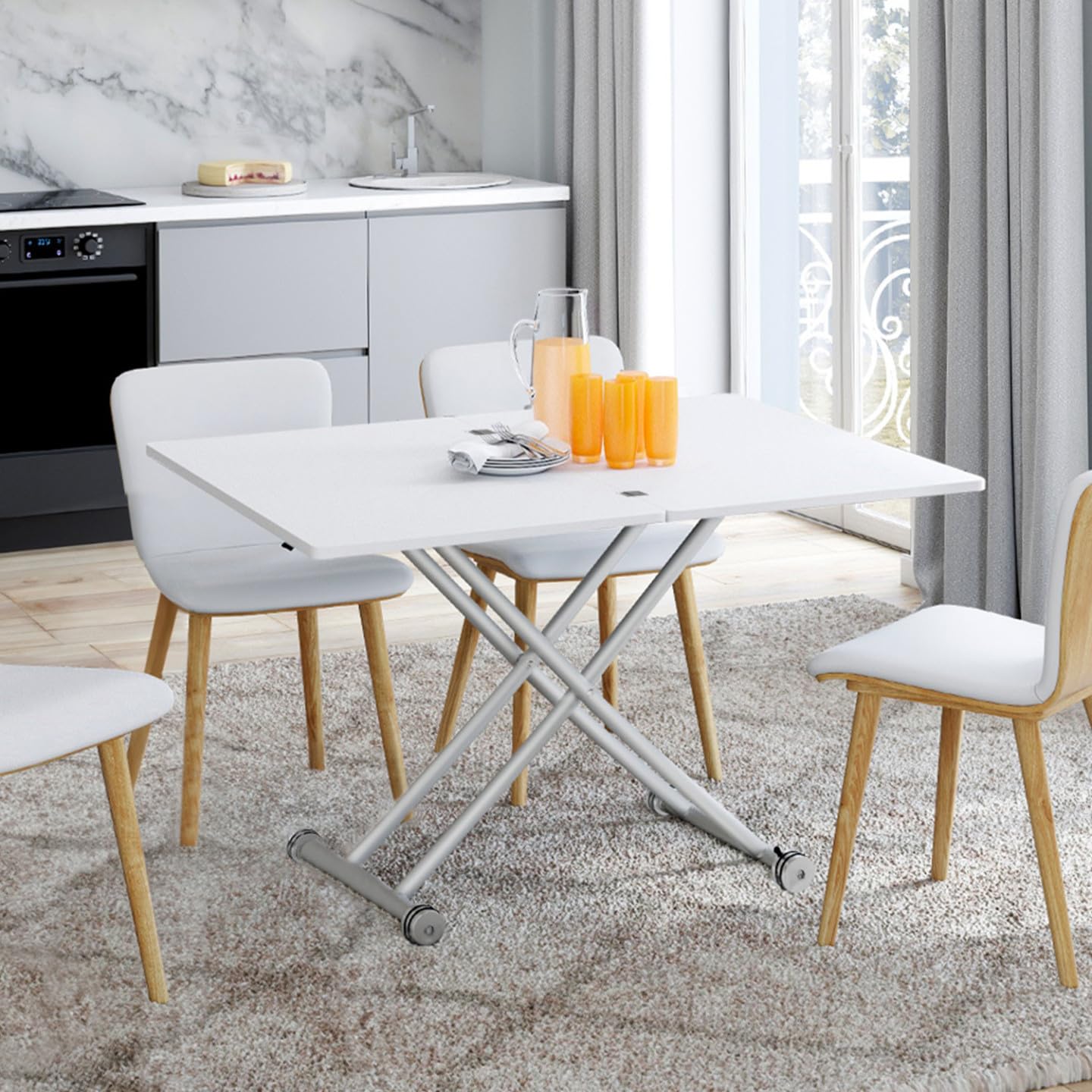 IDMarket - Mesita URBANA, transformable en mesa de comedor rectangular, superficie blanca, base cromada
