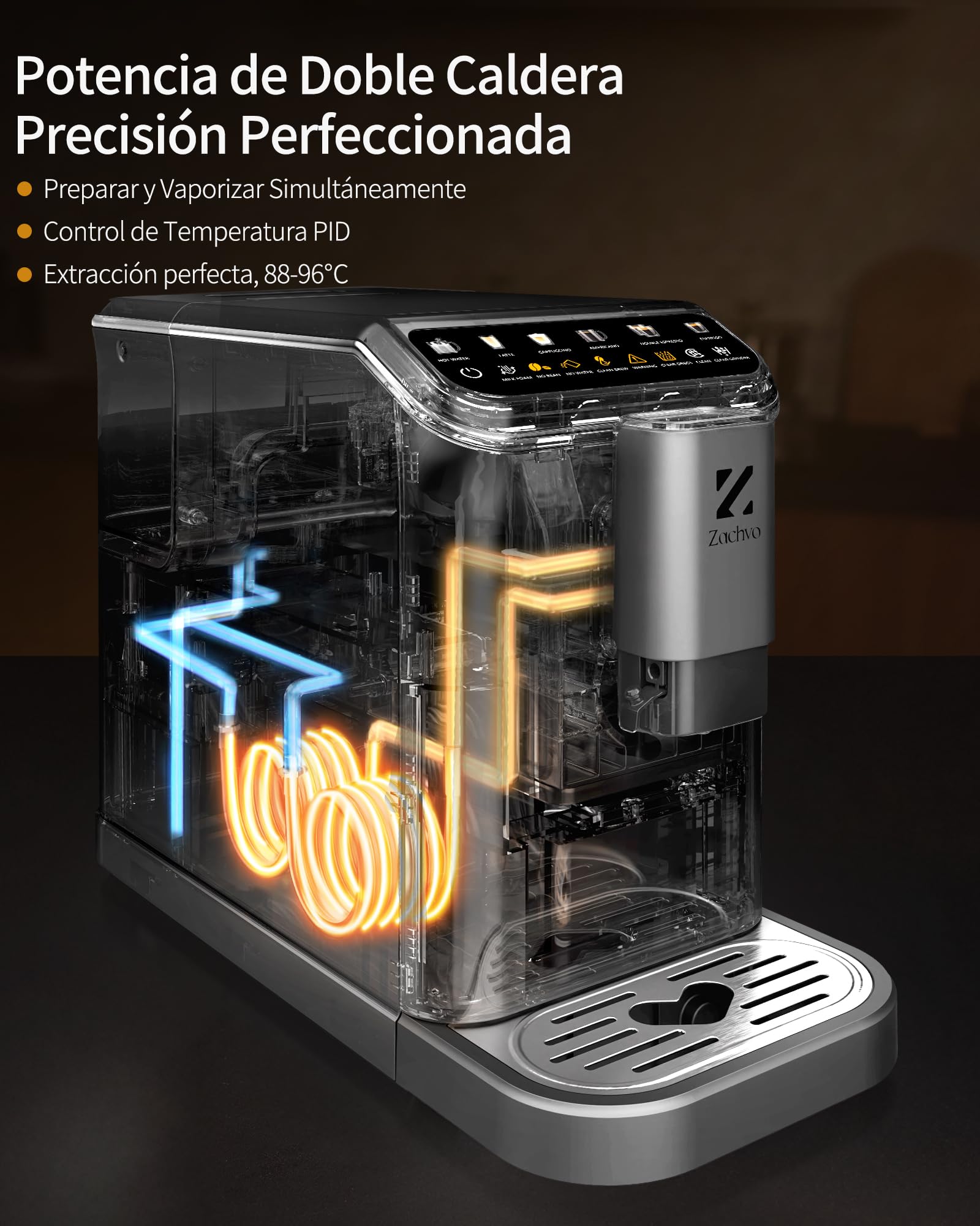 Cafetera Superautomática con Sistema de Leche–20 Bares, 7 Bebidas, 15 Niveles de Molido, Depósito de Agua de 1,5L, Doble Caldera, Control PID, Limpieza Automática,Pantalla Táctil，Café con Leche