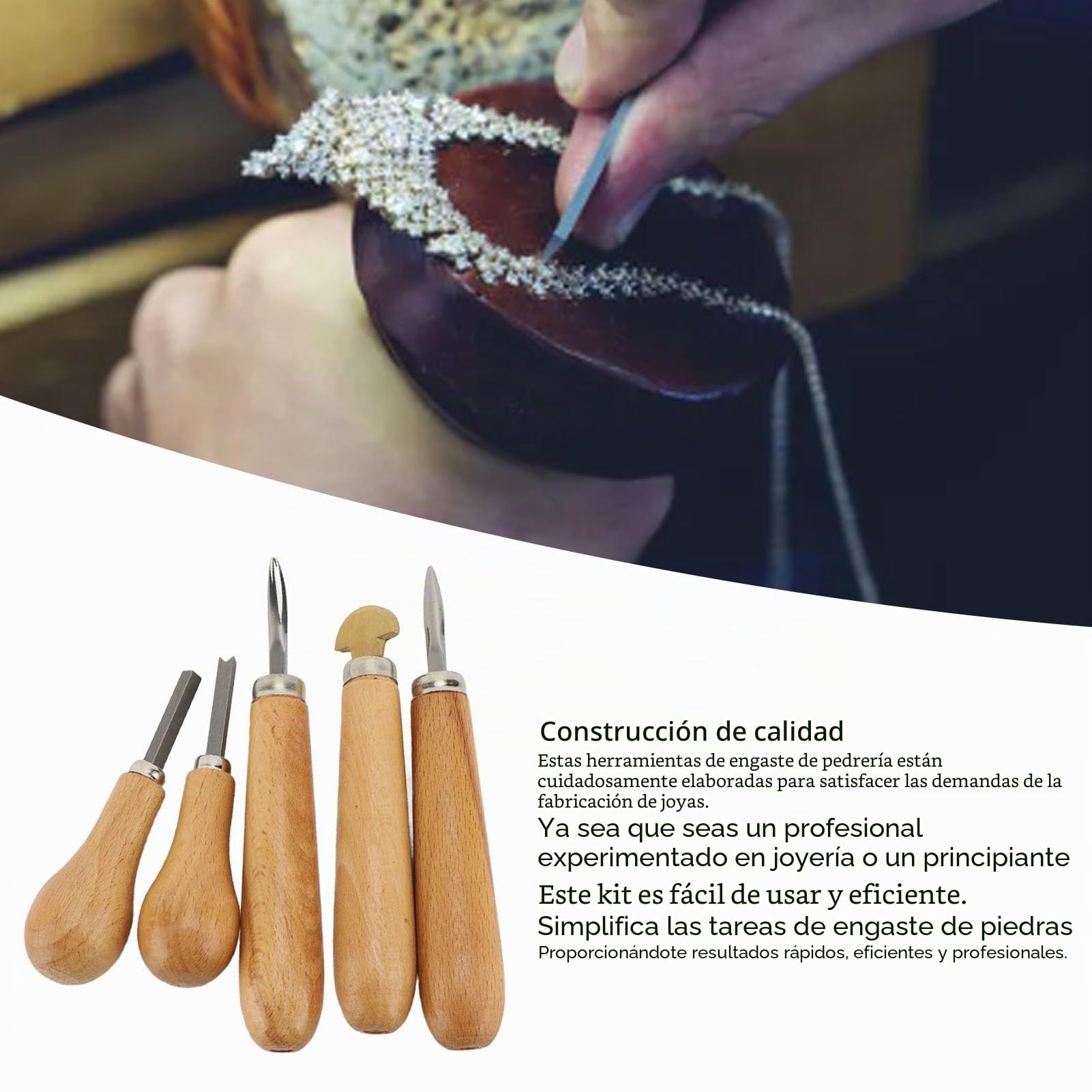 Kit de Herramientas de Ajuste de Piedra Premium con de Madera, 5 Herramientas de Ajuste de Piedra de Joyería para Ajustes Seguros de Piedra, Profesionales de la Joyería