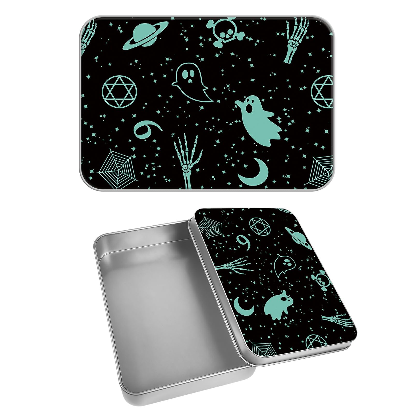Rectangular Metal Tin Box with Removable Lid, Skull Moon Gothic Decorative Printed Metal Storage Container for Cards, Diaries, Home Organization 4.53 x 3.35 x 0.86 inch– Single Pack