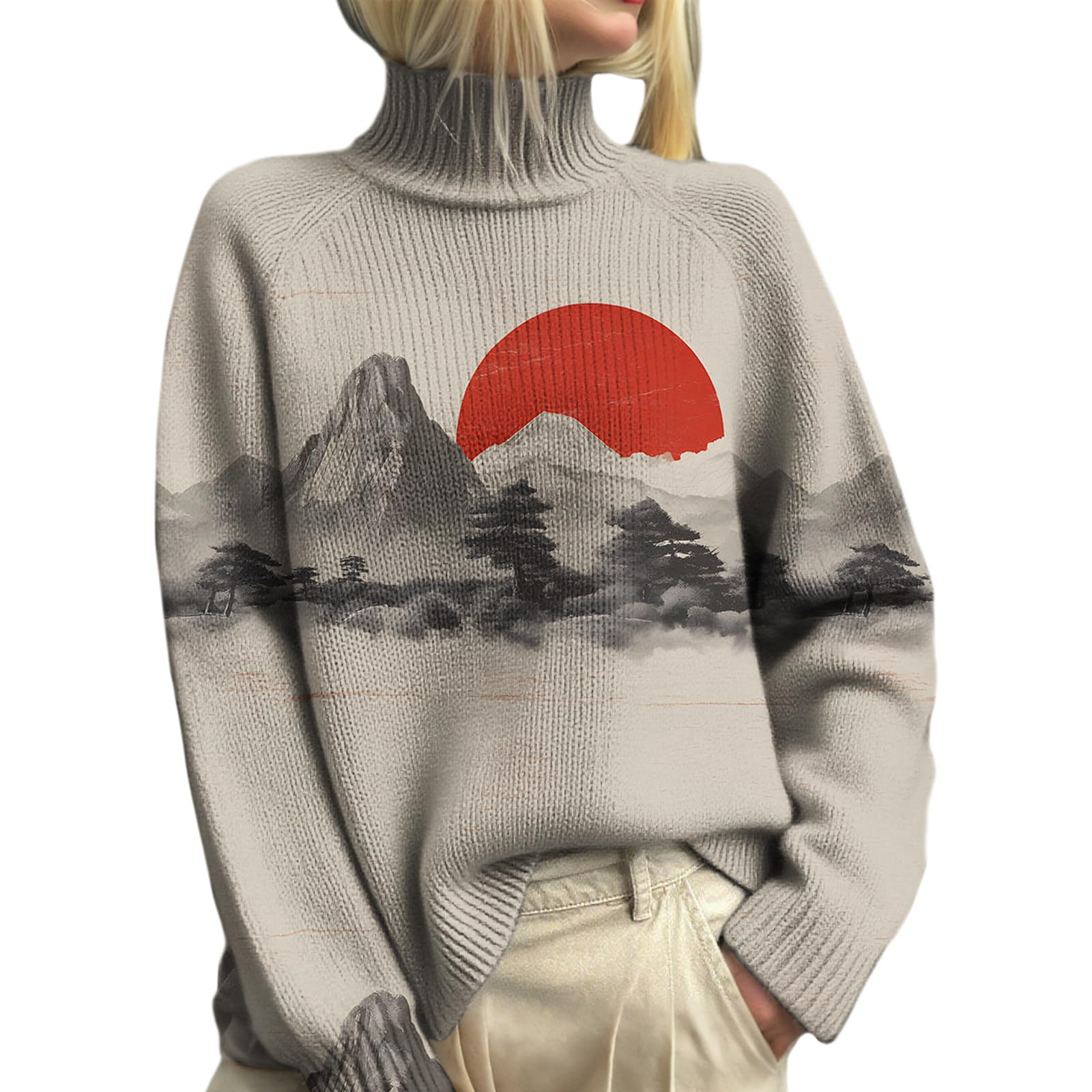 Womens Floral Turtleneck Sweaters Vintage Casual Fall Knit Jumper Tops Comfy High Neck Long Sleeve Pullover Sweater