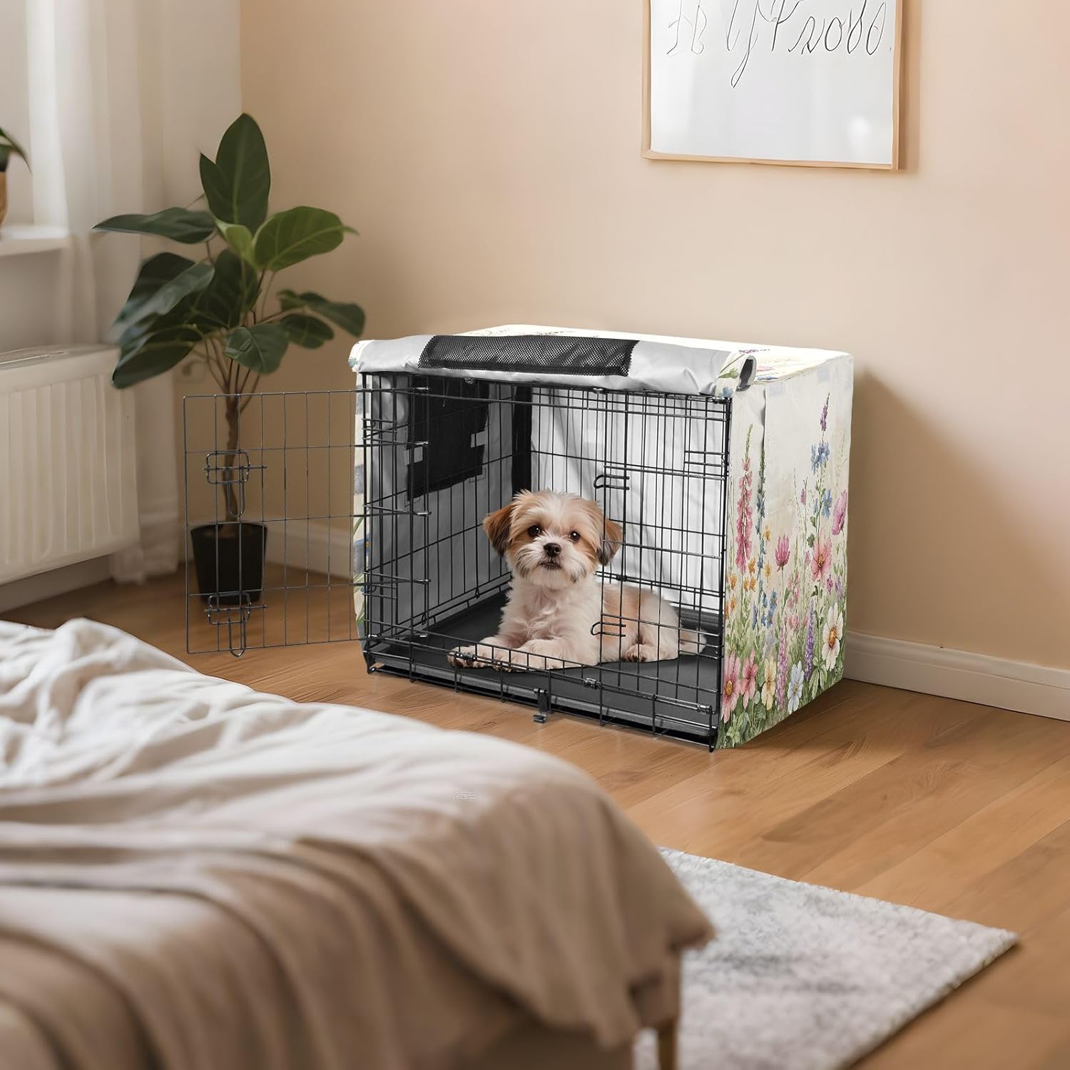 Vivid Herbs Wildflowers Dog Crate Cover 600D Oxford Pet Kennel Cover with Mesh Window for Dog Cages, Windproof Waterproof Machine Washable, 48"x30"x33"