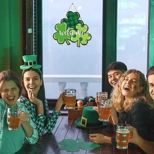 Miniatura 5 de JarThenaAMCS Letrero de bienvenida con trébol del día de San Patricio para puerta delantera, trébol verde trébol de madera, letrero colgante de