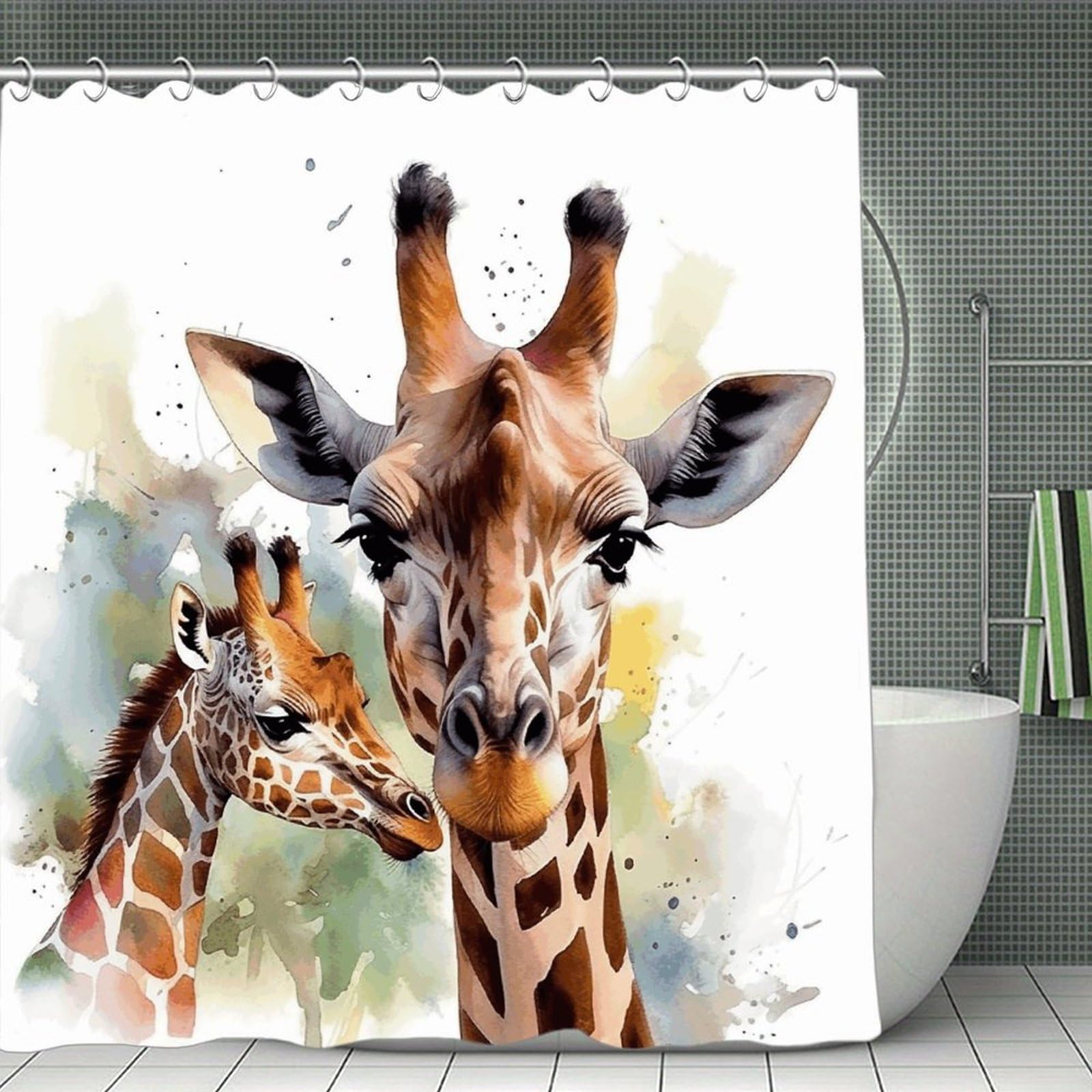 VstaDank Watercolor Deer Giraffe Shower Curtain Waterproof Bath Curtain with Hooks Heavy Duty Long Curtains for Bathroom Showers Machine Washable Decor Bath Curtains 70.8×70.8Inch