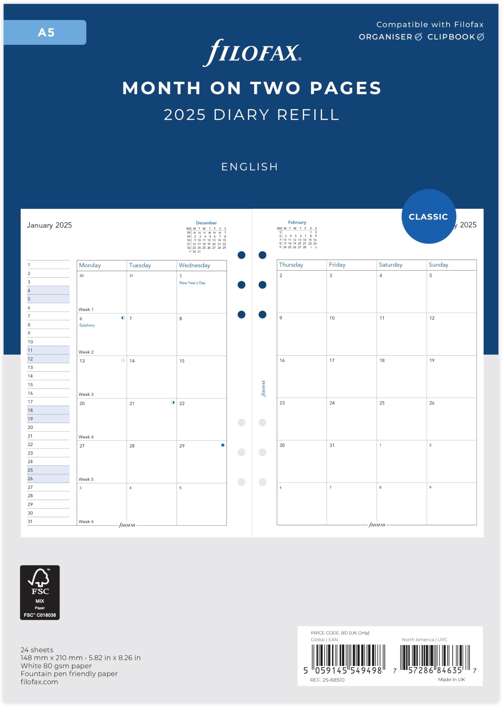 A5 Month on two pages English block format not tabbed 2025