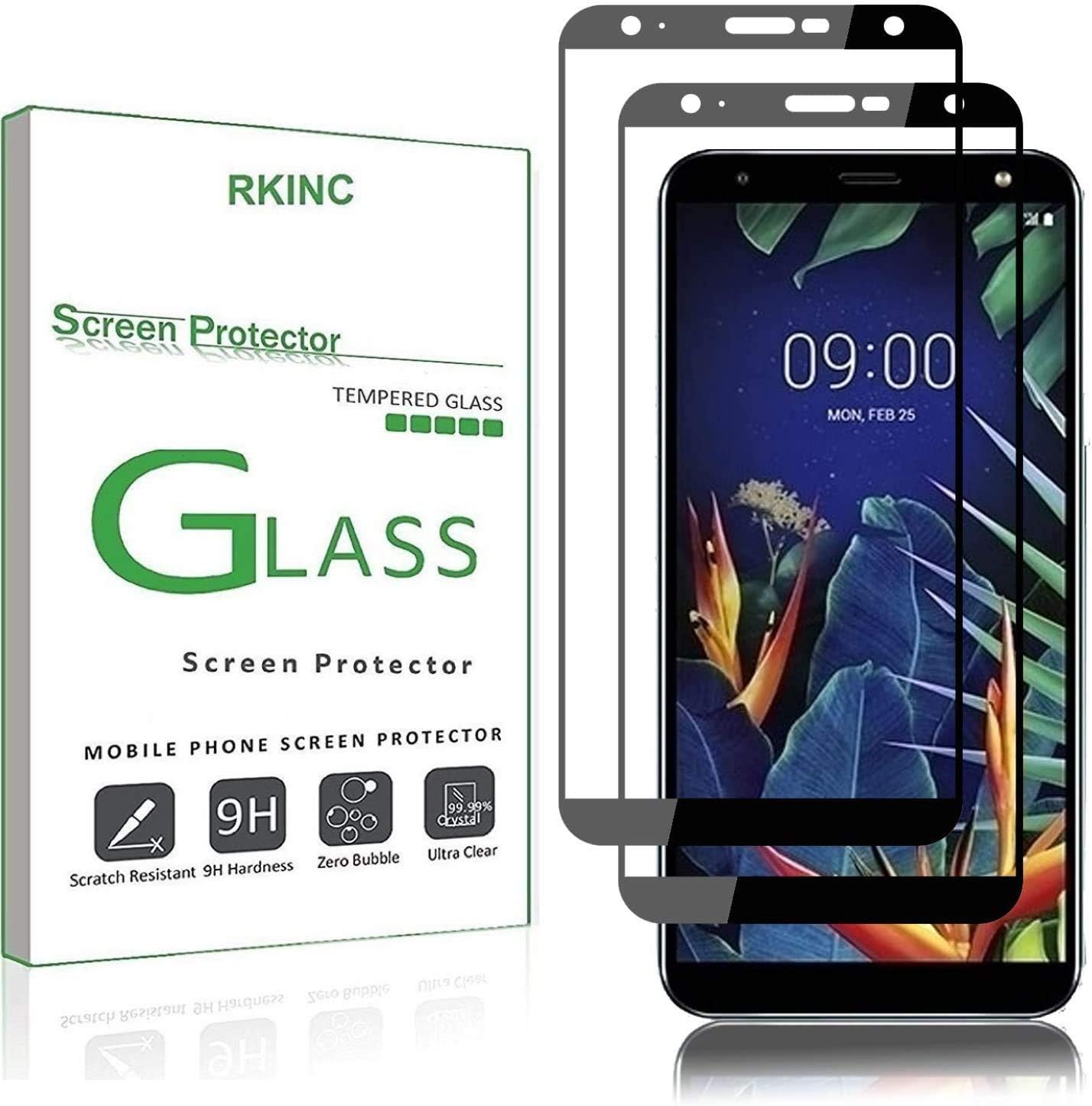 RKINC Screen Protector for LG K40, Full Coverage Tempered Glass [2.5D Round Edge][9H Hardness][Crystal Clear][Scratch Resist] for LG K40/LG Xpression Plus 2 / LG Harmony 3 / LG Solo LTE(2 Pack, Black)