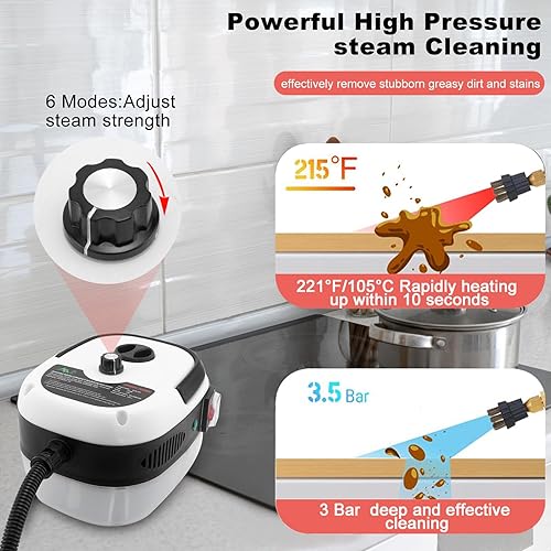 Miniatura 3 de Limpiador a vapor de alta presión de 2500 W, máquina de limpieza de vapor portátil de mano 6 engranajes ajustables con 6 cabezales de cepillo, para
