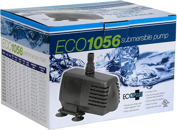 EcoPlus Eco 1056 Water Pump Fixed Flow Submersible Or Inline For Aquariums, Ponds, Fountains & Hydroponics - UL Listed, 1083 GPH, Black