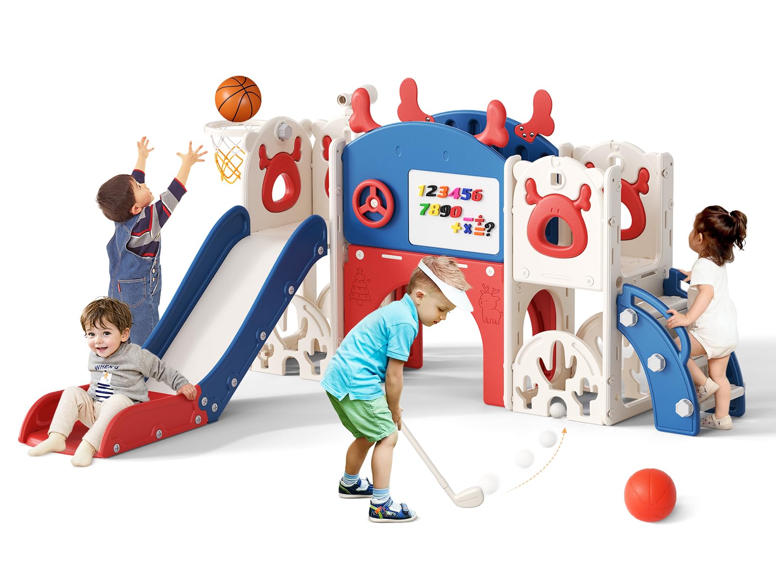 Toddler Slide, Christmas Elk Theme Kid Slide Freestanding with Basketball Hoop, Golf set,Baby Slide Playground Equipment,for in/outdoor use (Blue-red-7-in-1)