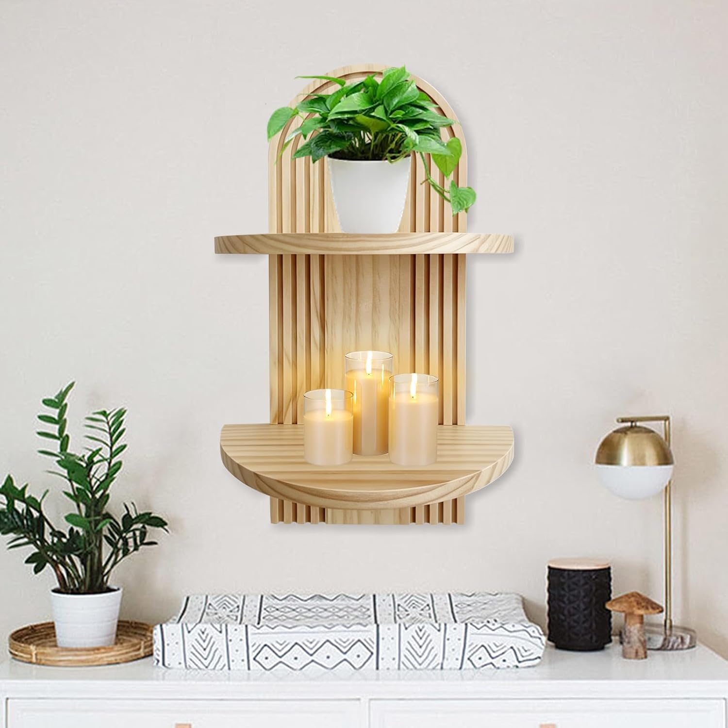 Boho Wall Decor Plant Wall Shelf, 2-Tier Wooden Floating Shelves, Arched Wall Mounted Shelf, Hanging Plant Stand for Small Plants, Decor, Books, for Bedroom Living Room Office (Natural color)