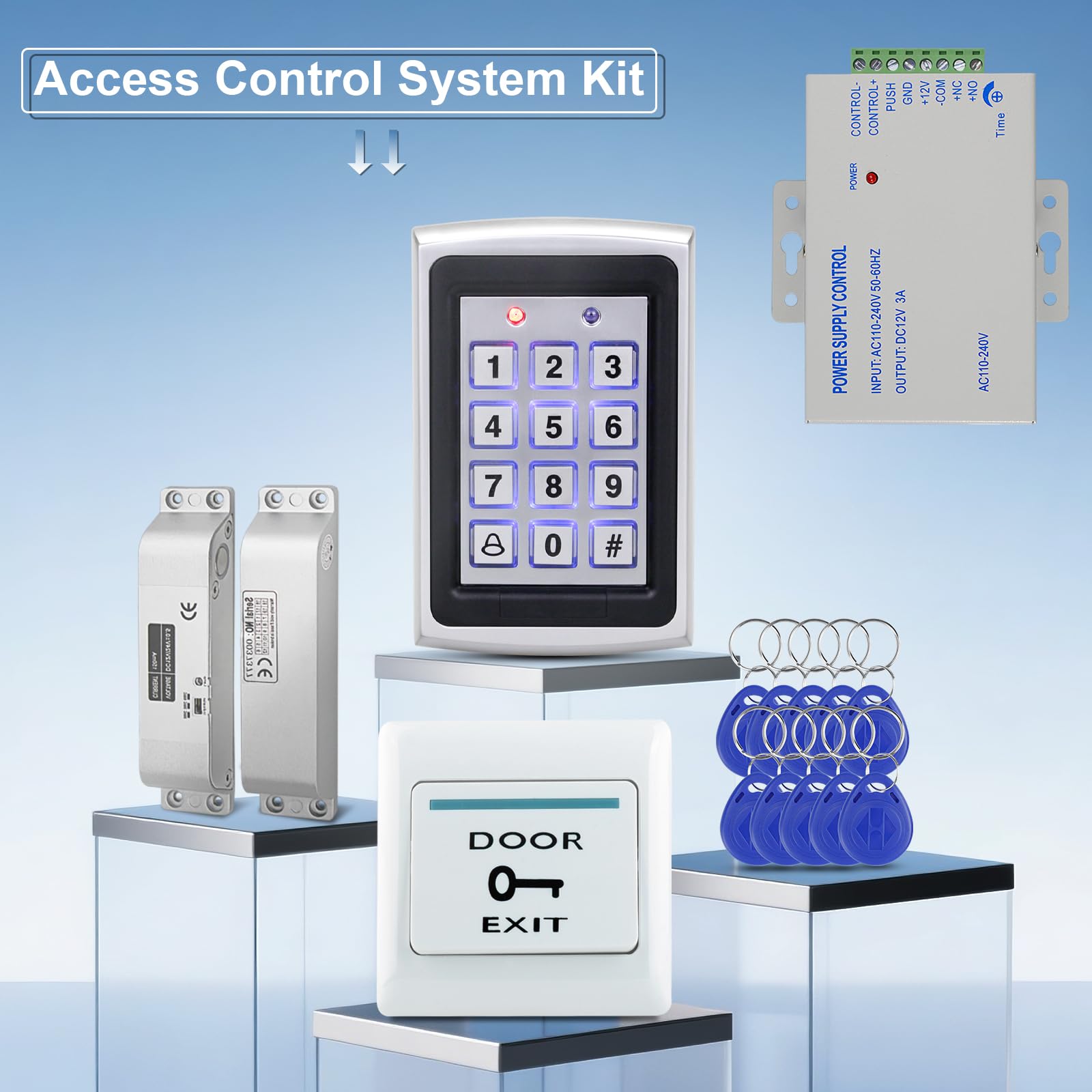 Kit de contrôle d'accès en métal – Choisissez une serrure magnétique de 180 kg ou une gâche électrique, comprend une alimentation, un bouton de sortie, 10 porte-clés d'identification bleus – 125 kHz