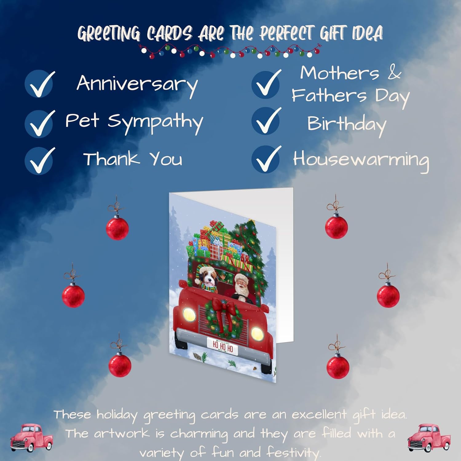 Christmas Honk Honk Red Truck Here Comes with Santa and Bernedoodle DogNote Cards - Adorable Pets Invitation Cards with Envelopes - Pet Artwork Christmas Note Cards GCD75485 (10 Greeting Cards)