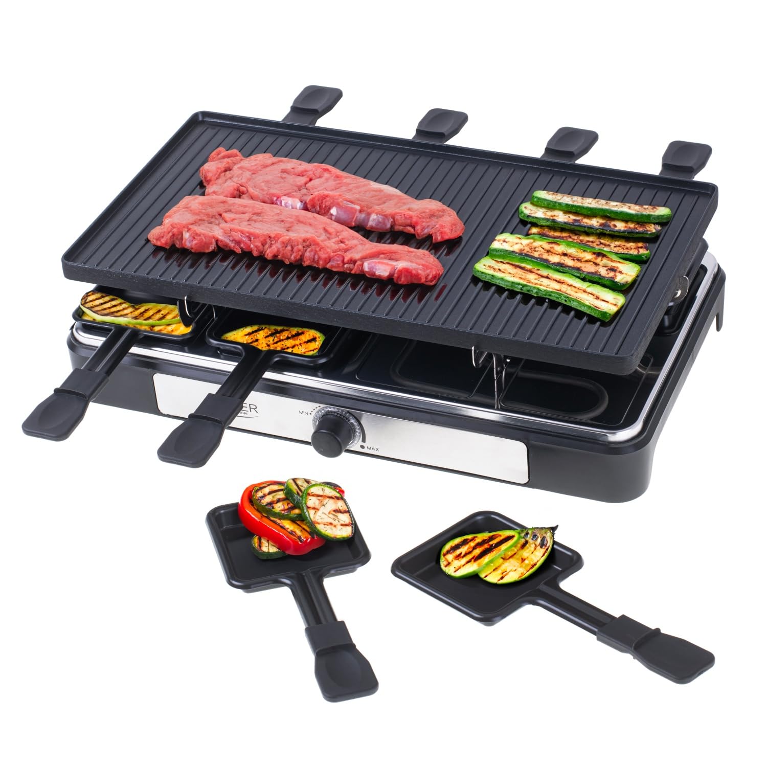 Adler AD6616 elektryczny grill raclette w komplecie z patelniami – bezdymny grill w nowoczesnym stylu dla 8 osób – duża powierzchnia grillowania – elektryczny ruszt do grillowania – do smażenia potraw