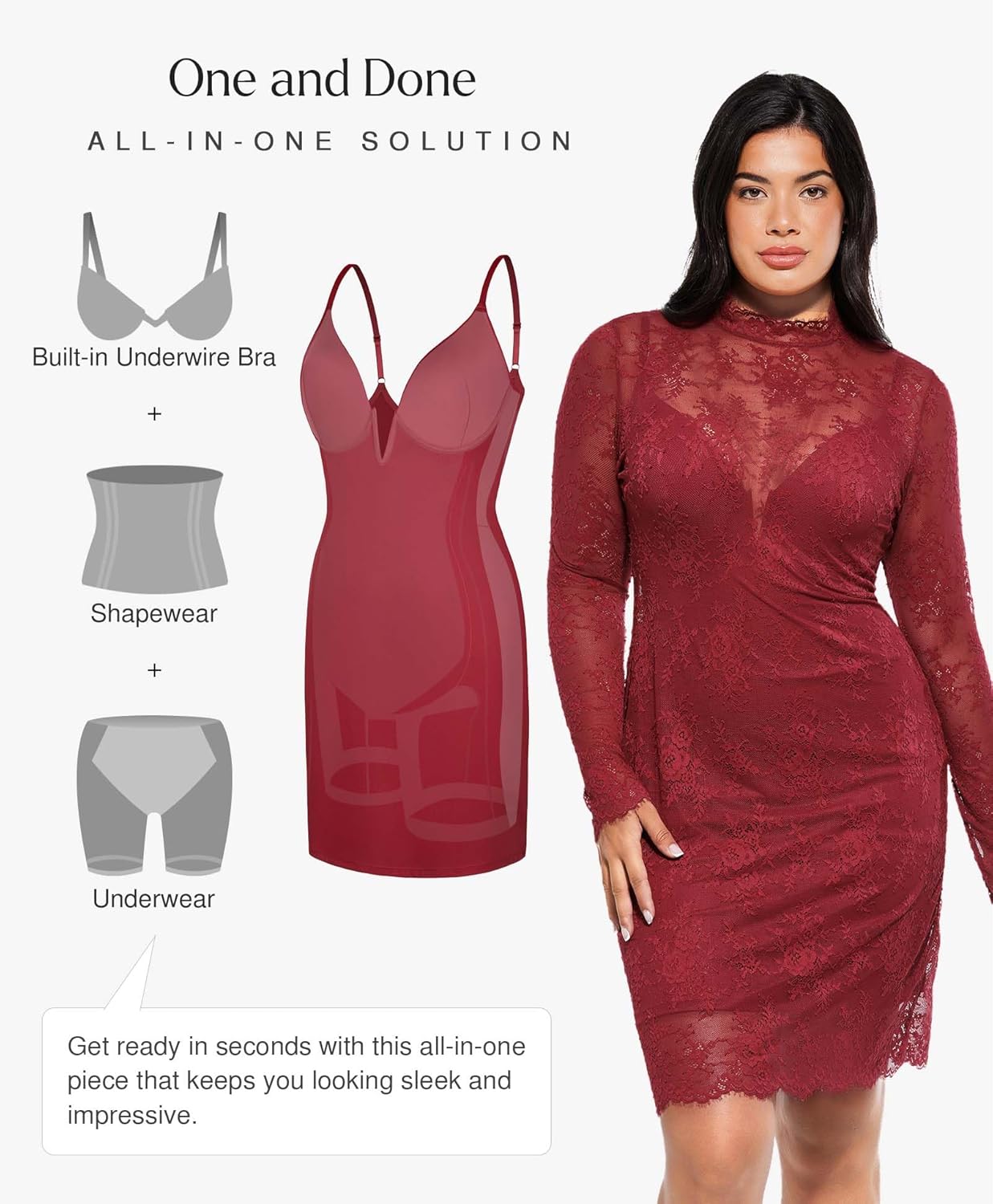 Popilush Women's Long Sleeve Lace Dress with Built in Shapewear Burgundy - Image 3