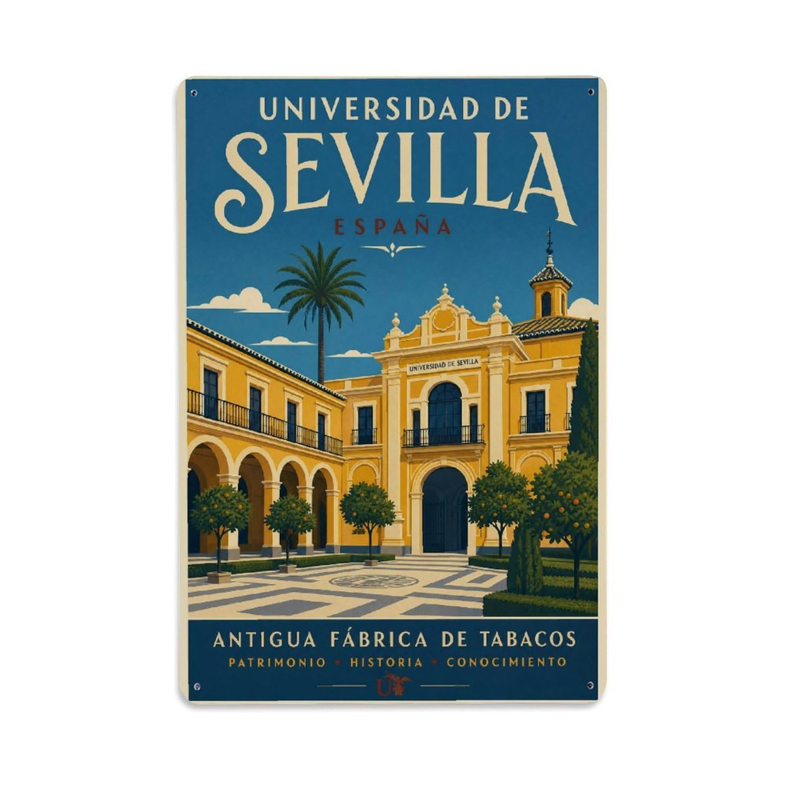 Vintage Travel Universidad Seville Historic Campus Buildings Metal Tin Sign Wall Decor for Cafe, Club, Garden Metal Poster 8x12Inch