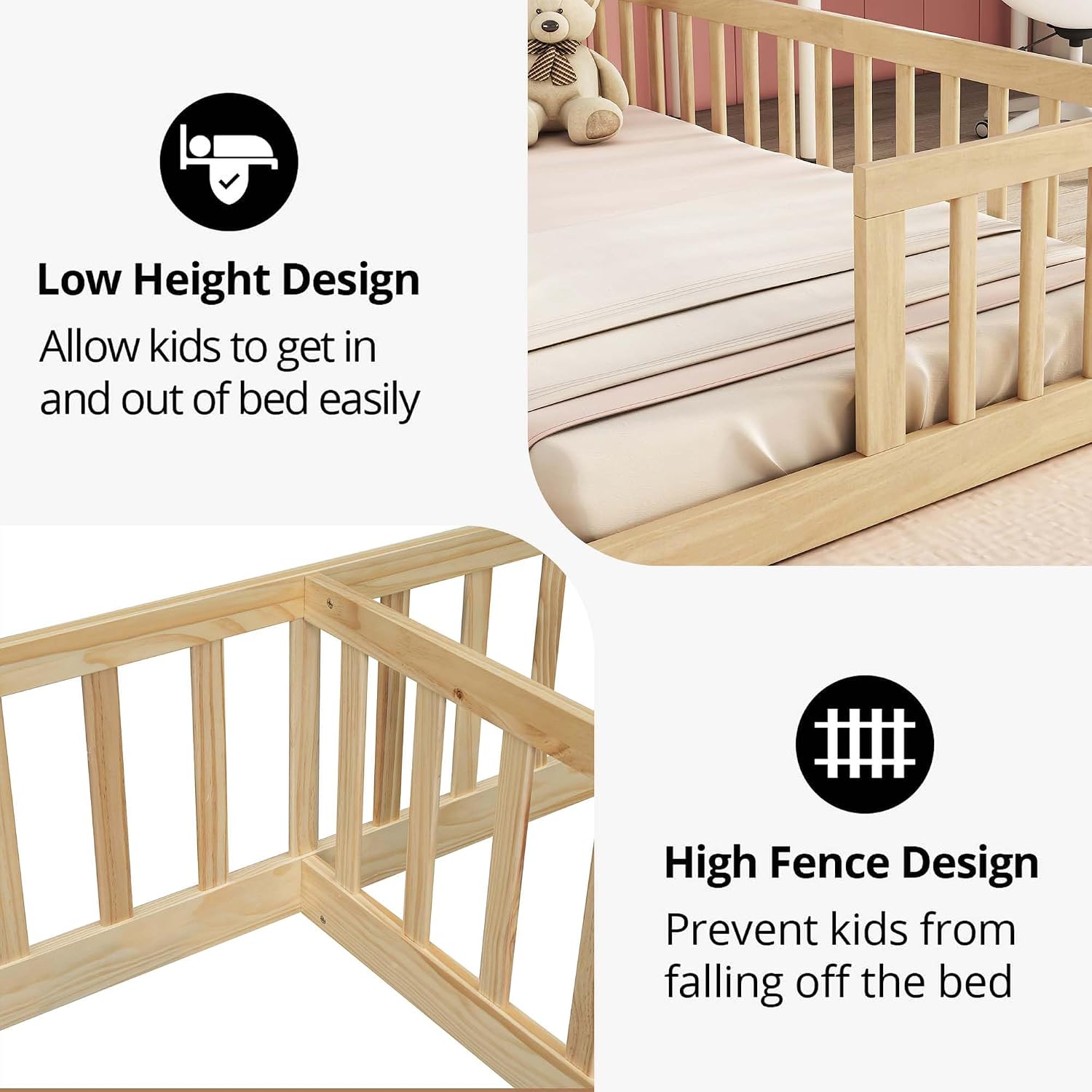 Double Twin Bed Frames for Kids, Wood Montessori Bed with Fence Guardrails, Double Twin Floor Bed Side by Side for Boys Girls Children, Natural
