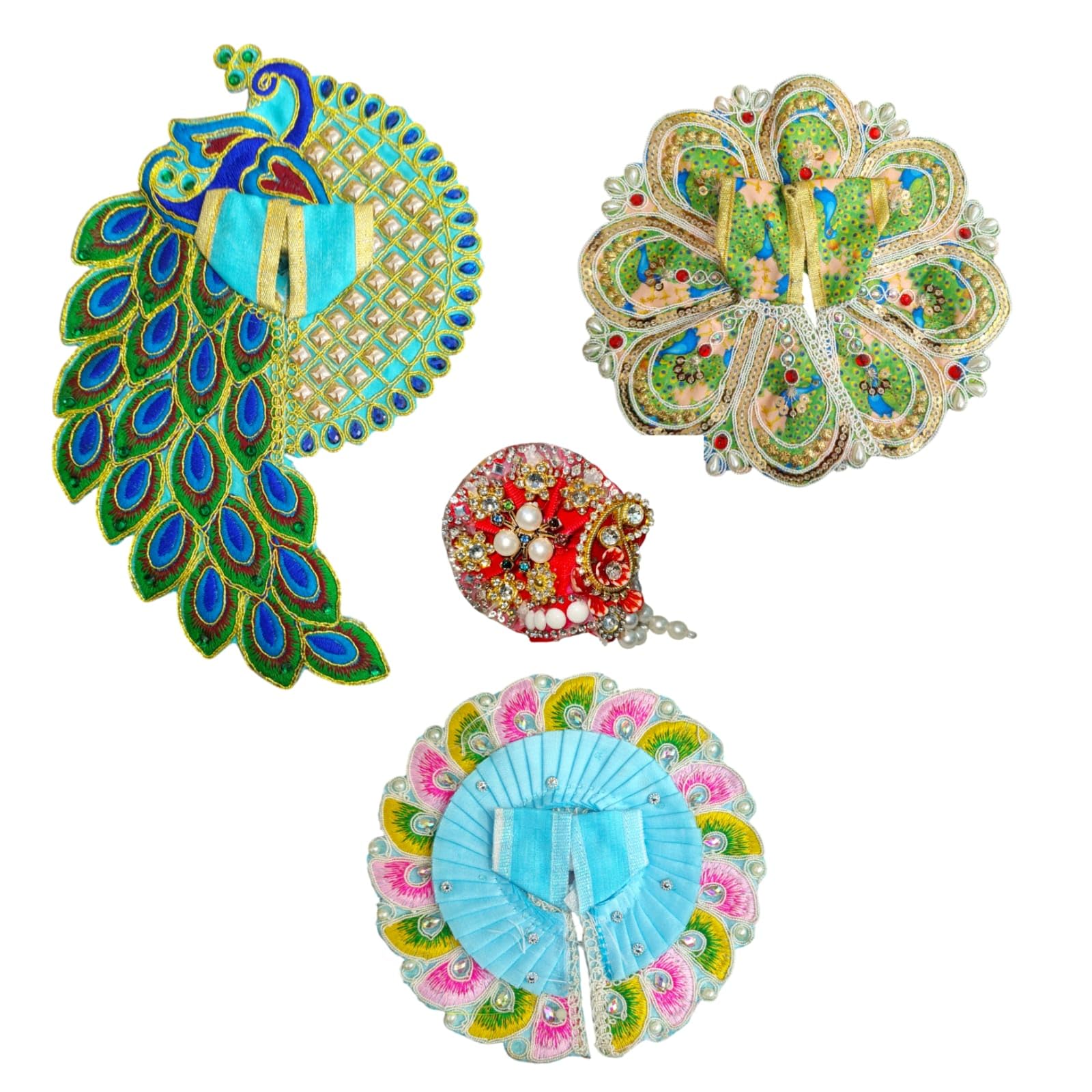 Suparia's® Laddu Gopal Dress Multicolour Fancy 3 Cotton poshaks (Set of 4pcs) Ladoo Gopal/Kanha ji Poshak (Designer) with Stone Work Pagdi/Mukut (Set 