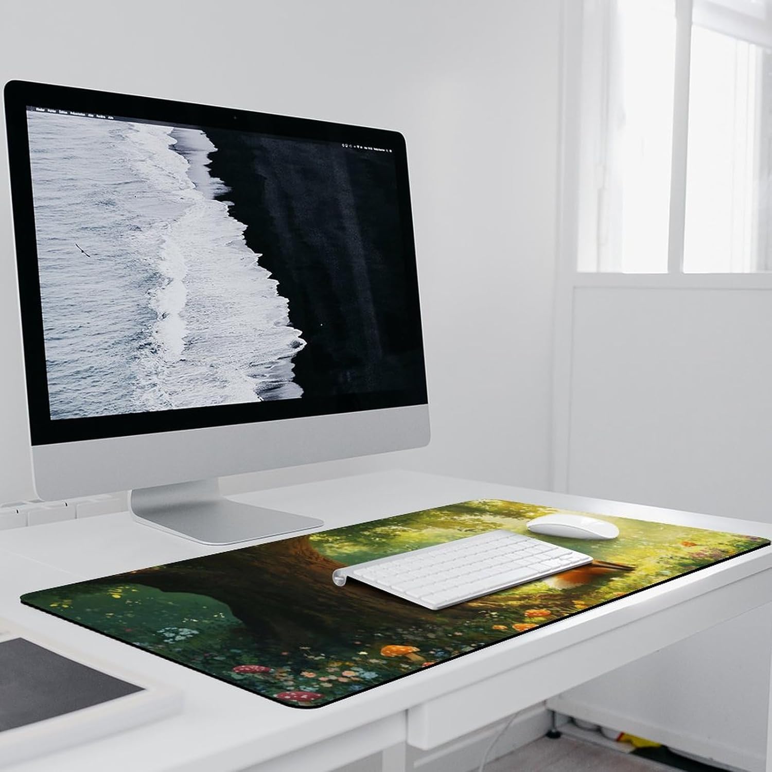 Fox Mouse Pad - Large Gaming Desk Mat with Cheerful Fox in Sunlit Forest Design, Non-Slip, Water-Resistant, Stitched Edges (40x90cm)