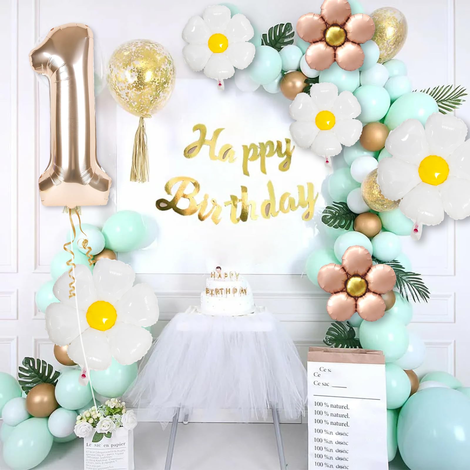 Set Decorazione 1° Compleanno Bambina Con Margherite - Palloncini In Alluminio Crema, Happy Birthday E Numeri