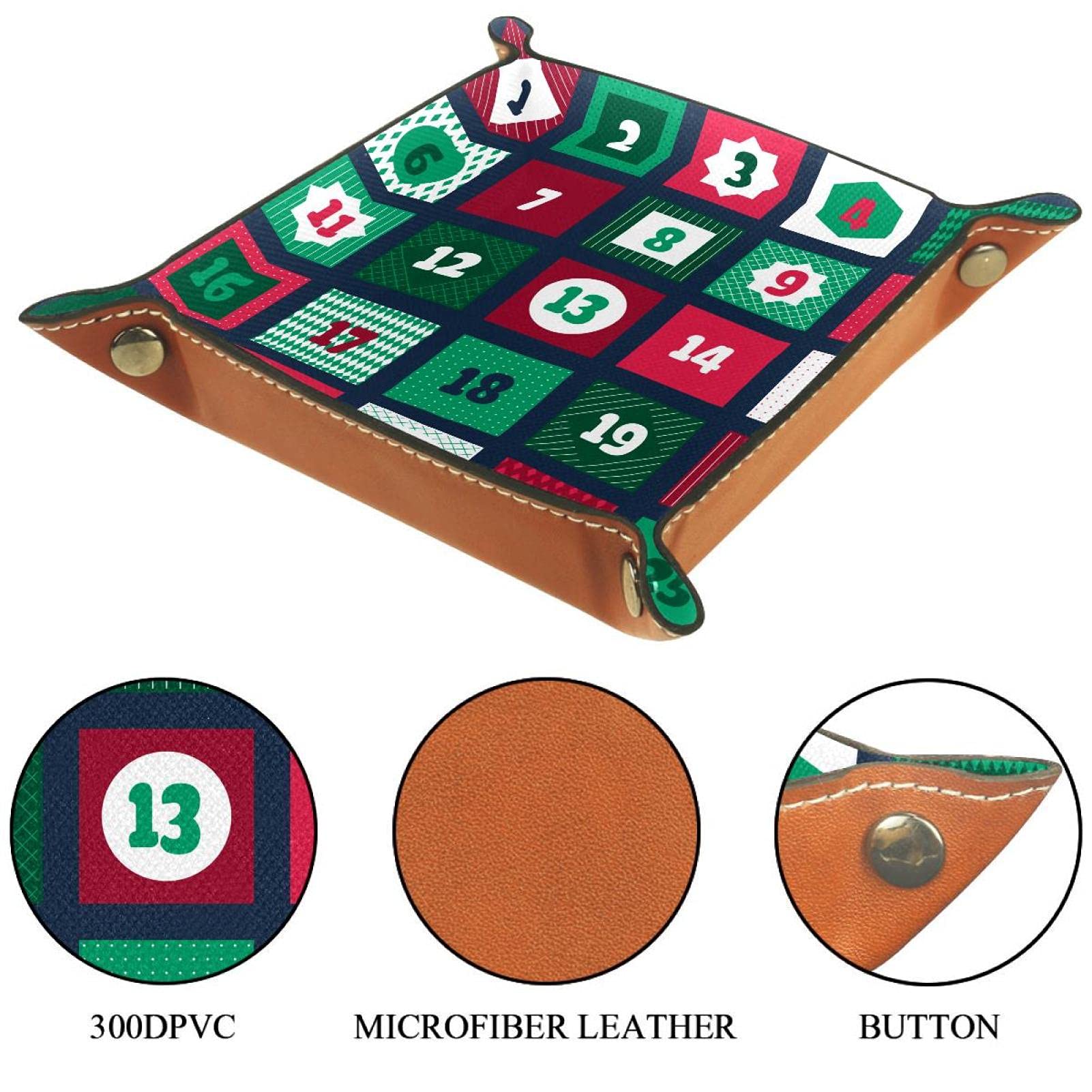 ZORE_FINE5 Plateau de jeux de dés à roulettes pliant Plateaux de bijoux carrés en cuir et montre, clé, pièce de monnaie, boîte de rangement de bonbons Joyeux Noël et bonne année