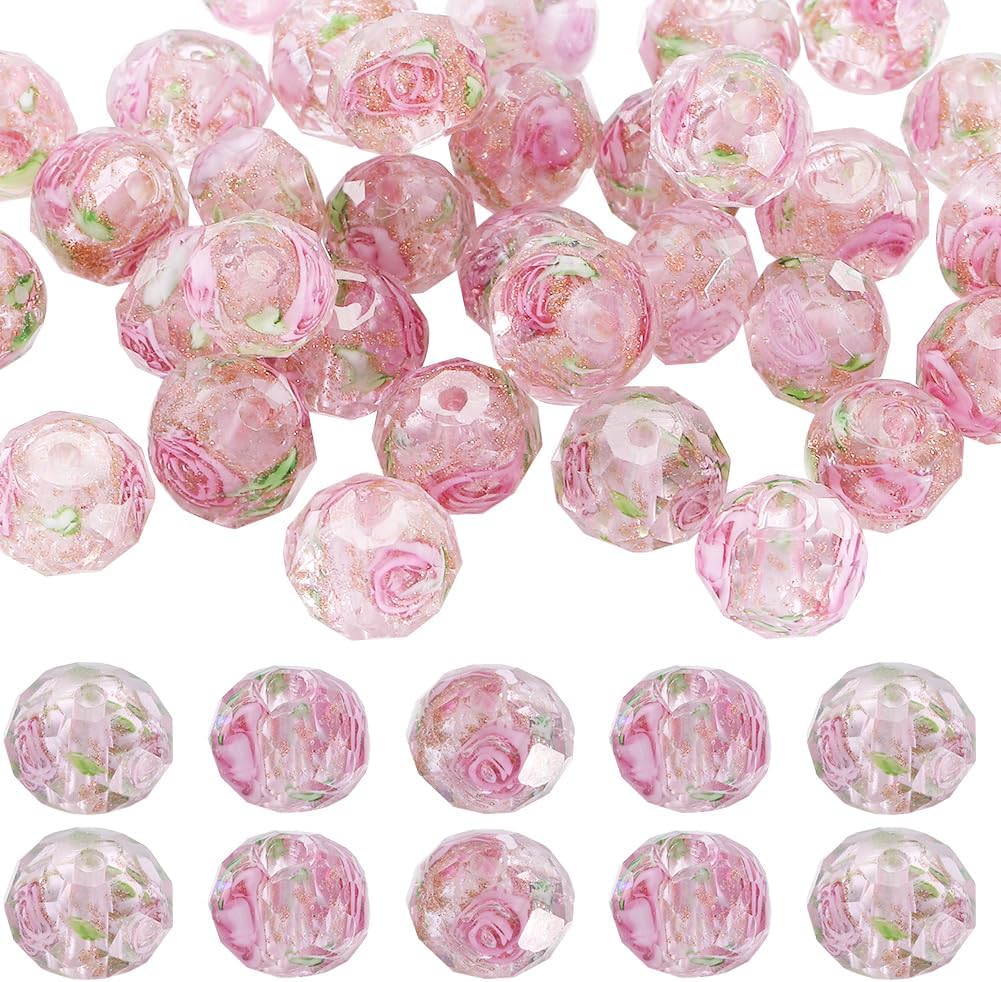 SUNNYCLUE 1 Box 40Pcs 9~10mm Gold Sand Lampwork Beads Bulk Lampwork Glass Bead Handmade Pink Rose Floral Round Spacer Lampwork Beads for Bracelets Beading Jewelry Making DIY Necklace Earring Beginners