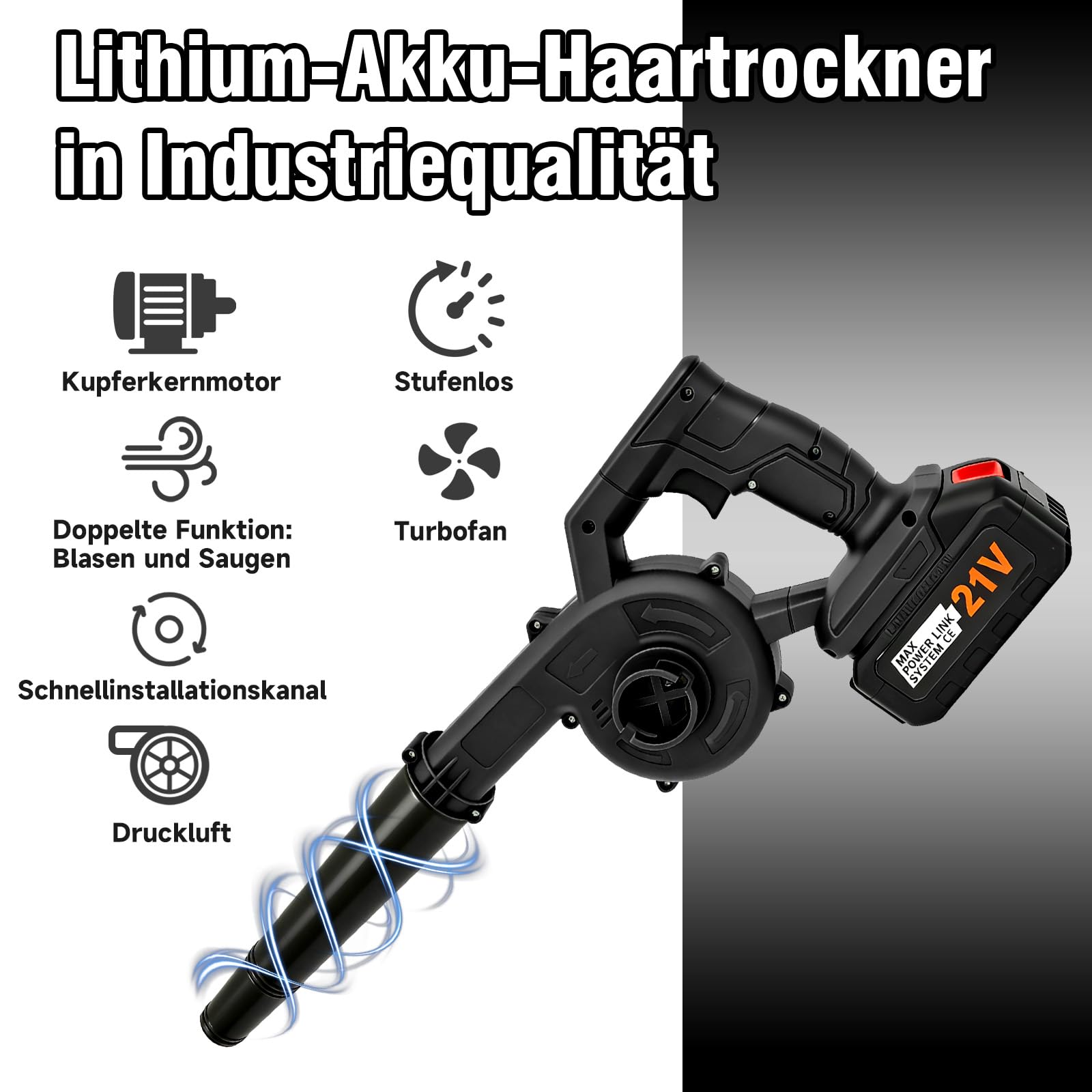 Laubbläser Akku 2 in 1, 21V Laubsauger Kabellos mit 4.0Ah Akku, 19000 U/min Starker Motor, 257km/h Blasgeschwindigkeit, 2,94kPa Saugdruck, Blasen & Saugen, inkl. Staubfangbeutel & Verlängerungsrohr