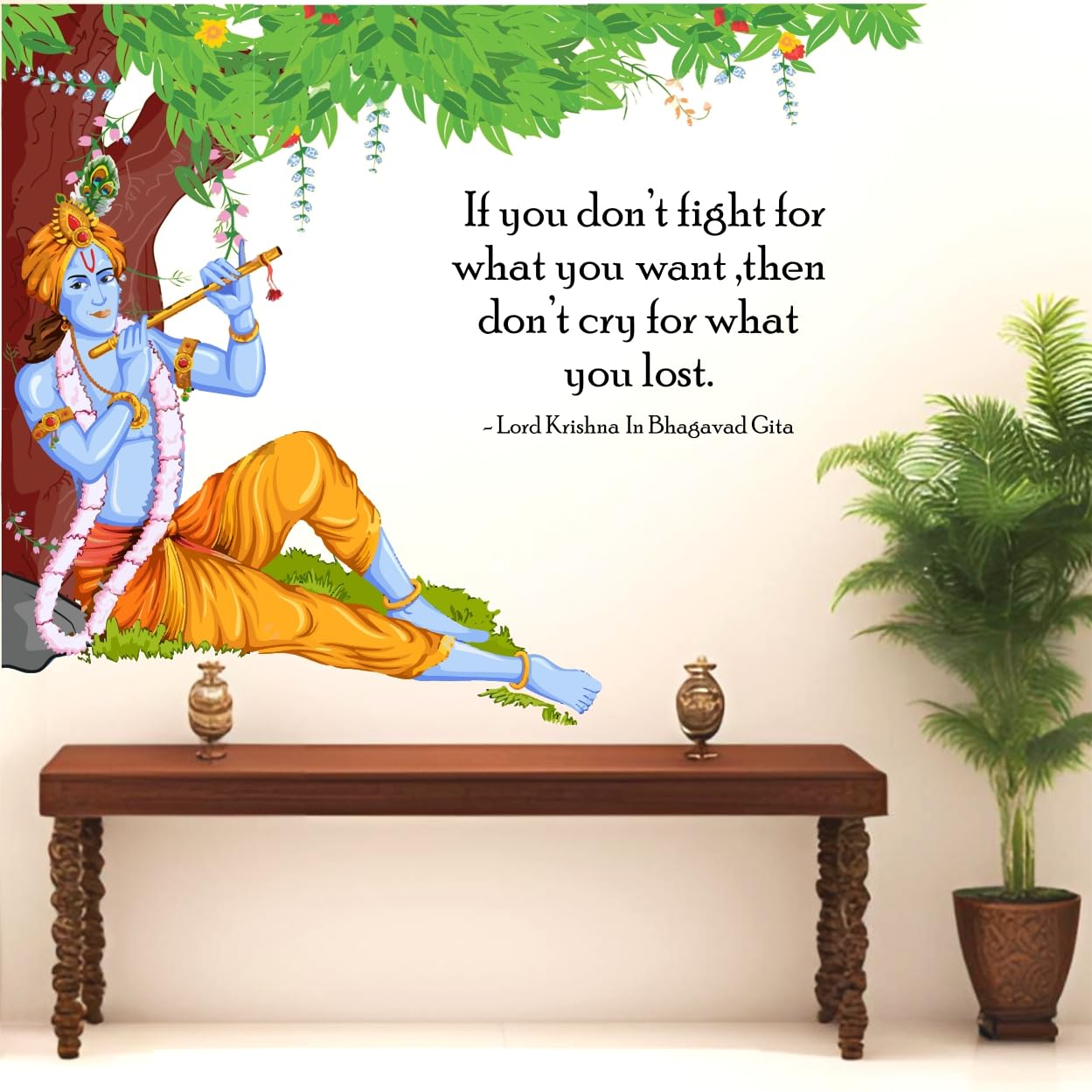 Rawpockets Decals ' Lord Krishna Flute Bhagavad Gita Quote ' Extra Large Size (Wall Coverage Area - Height 90 cms X Width 120 cms)(Pack of 1) Wall Sticker