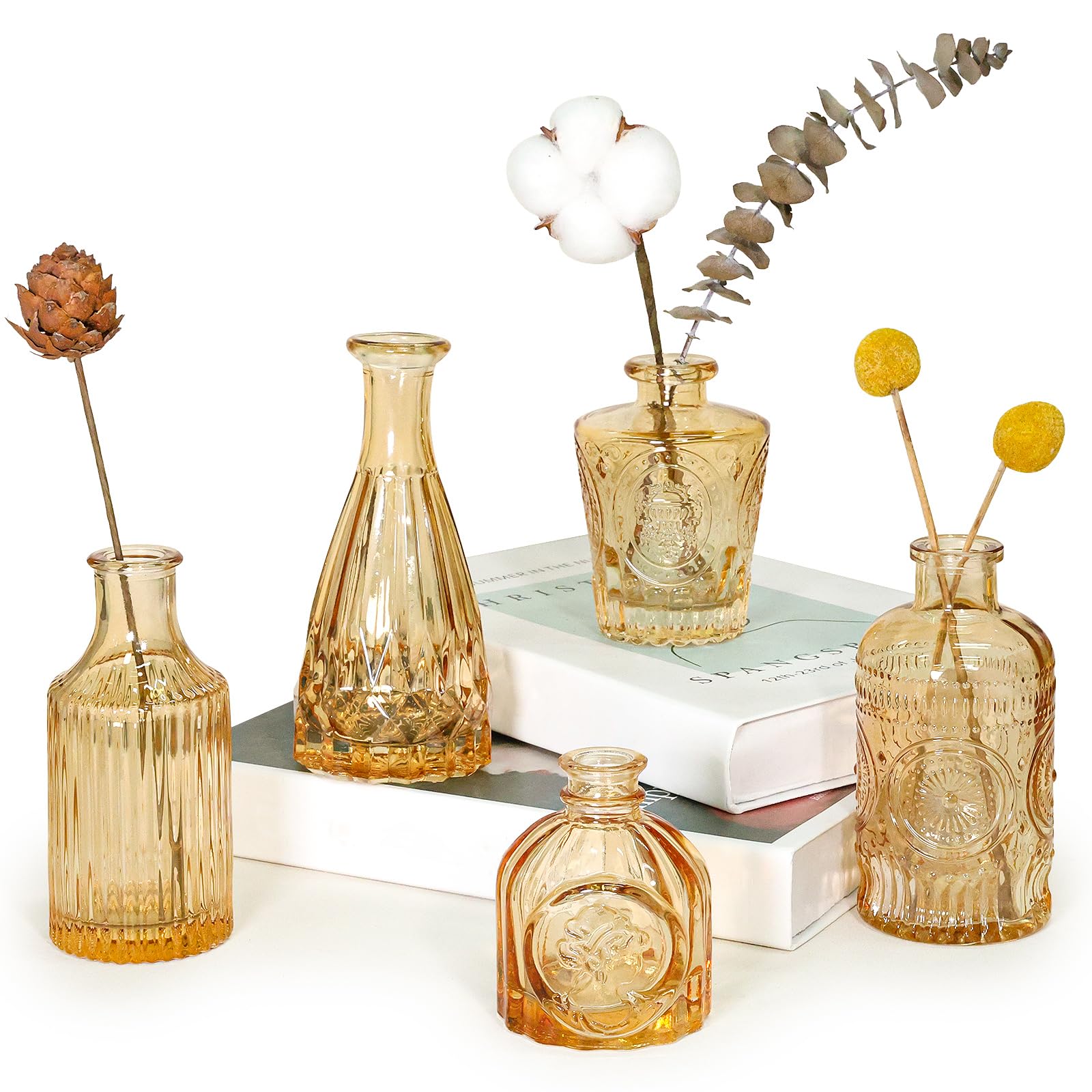 SUPMIND Glass Bud Vase Set of 5, Gold Amber Small Flower Vases for Centerpieces in Bulk, Mini Vintage Vase for Rustic Wedding, Home,Table Decoration