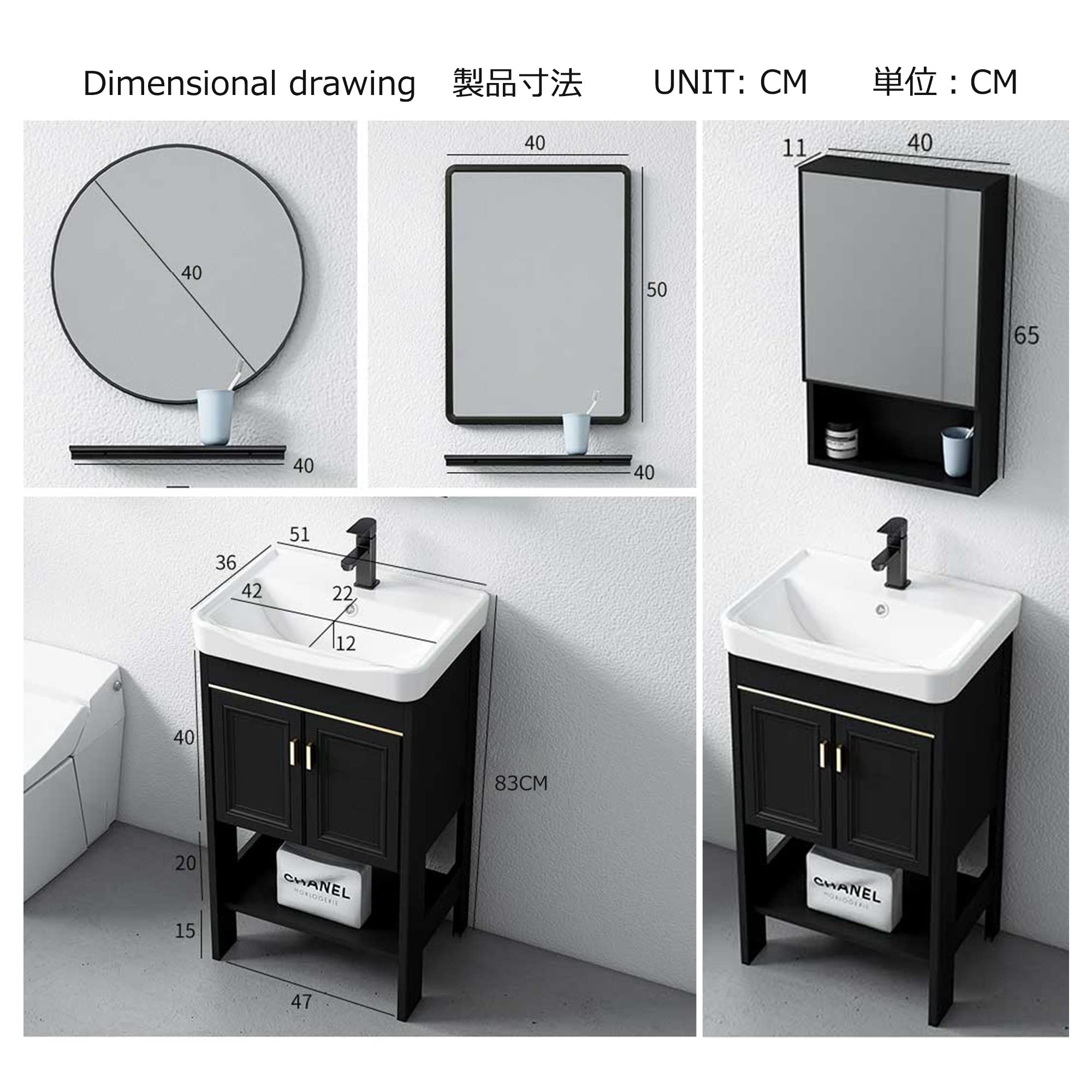 Lavandino 1 vasca Lavello da Cucina Lavabo da bagno nero con lavabo per lavabo per lavanderia, rubinetto per lavabo in ceramica, per il miglioramento della casa e commerciale (Color : Sink+Mirror C,