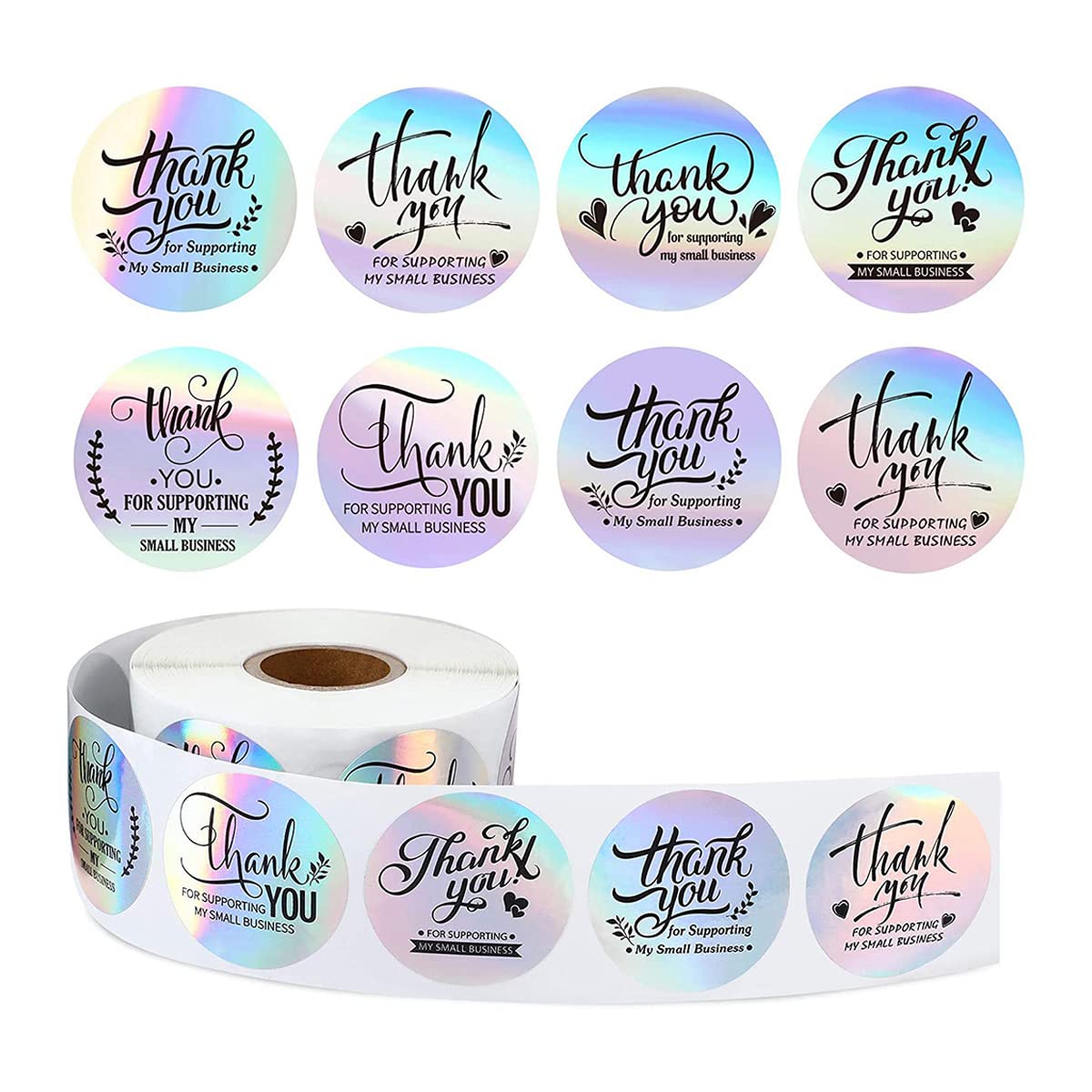 500Pcs Thank You Stickers，2.5cm/1 inch Thank You for Supporting My Small Business Stickers, Adhesive Holographic Stickers Rainbow Stickers Roll Stickers for Business Online Retailers Boutiques Shops