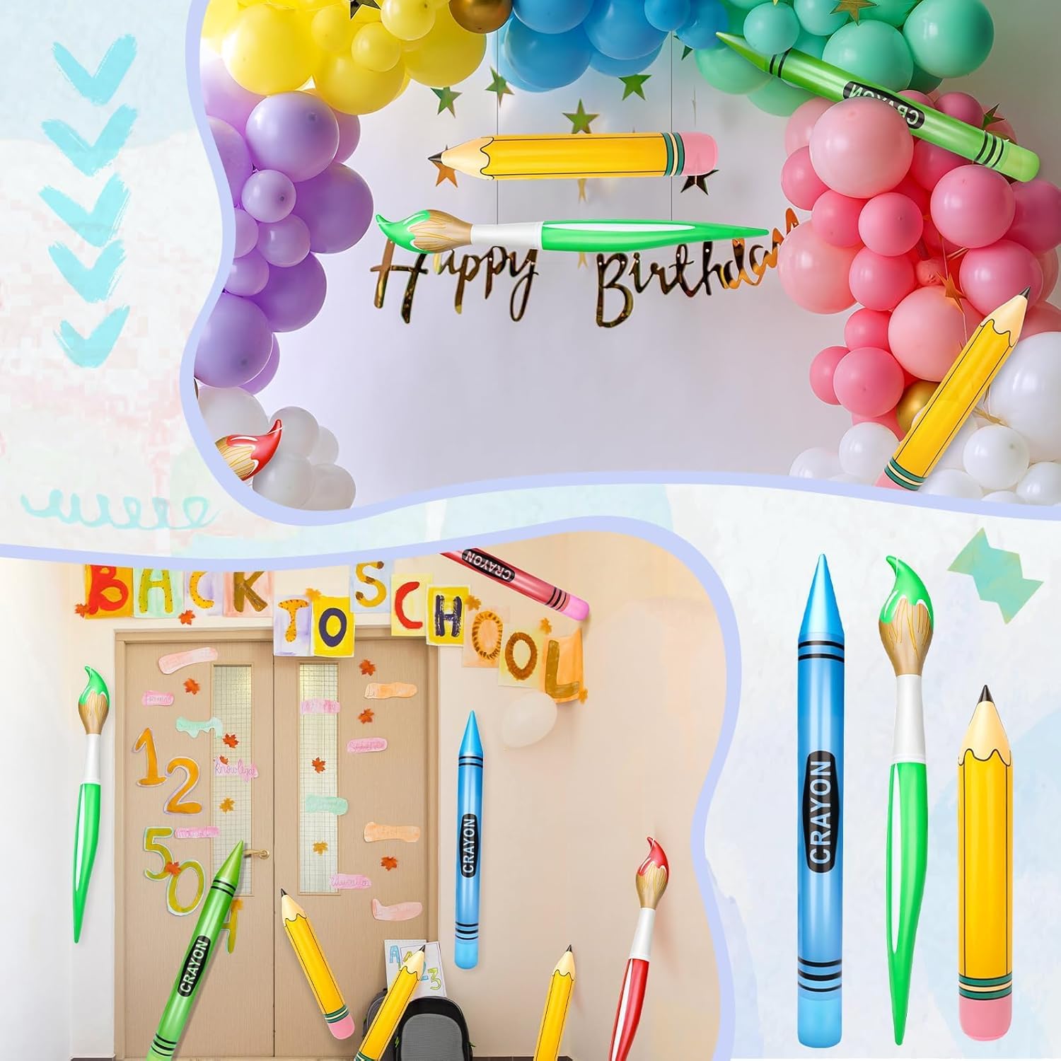 SAYAYA 16 Pcs Large Inflatable Pencil Balloons Set Jumbo Inflatable Crayons Giant Paint Brush Balloons and Air Pump Back to School Hanging Decor for Classroom Garden Room Birthday Party Decorations