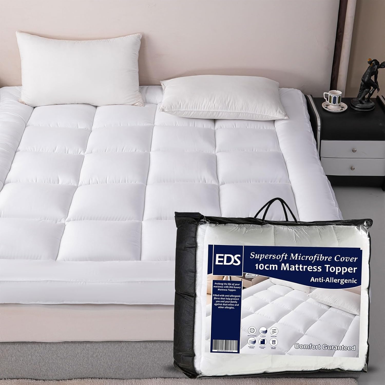 Mattress Topper Protector Super King Size Bed 10cm Thick Hotel Quality Hollow Fibre Filled Box Stitched Quilted Bed Topper Pad with Strong Corner Elastic Straps (Super King - 182 X 200 CM)