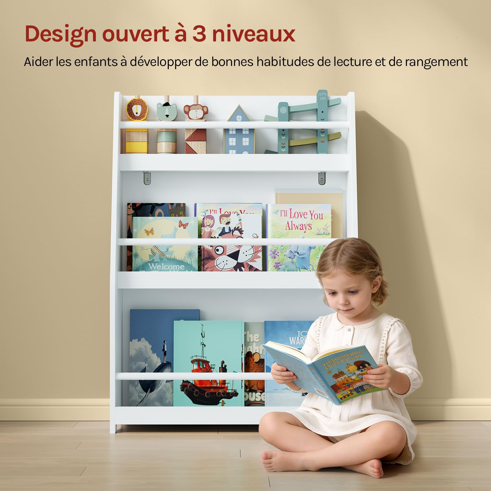 WOLTU Bibliothèque Enfant, Meuble Rangement Enfant, à 3 Niveaux | Blanc, en MDF et Bois