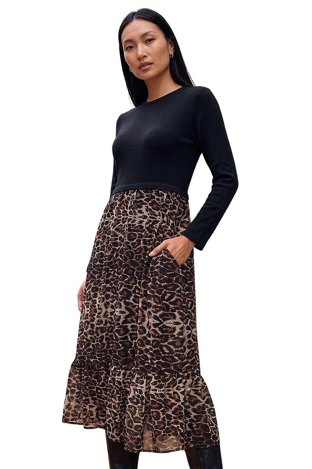 Roman Originals 2 in 1 Animal Print Stretch Midi Dress for Women UK - Ladies Everyday Autumn Winter Round Neckline Comfy Soft Evening Vacation Work Party Night Out - Beige - Size 18