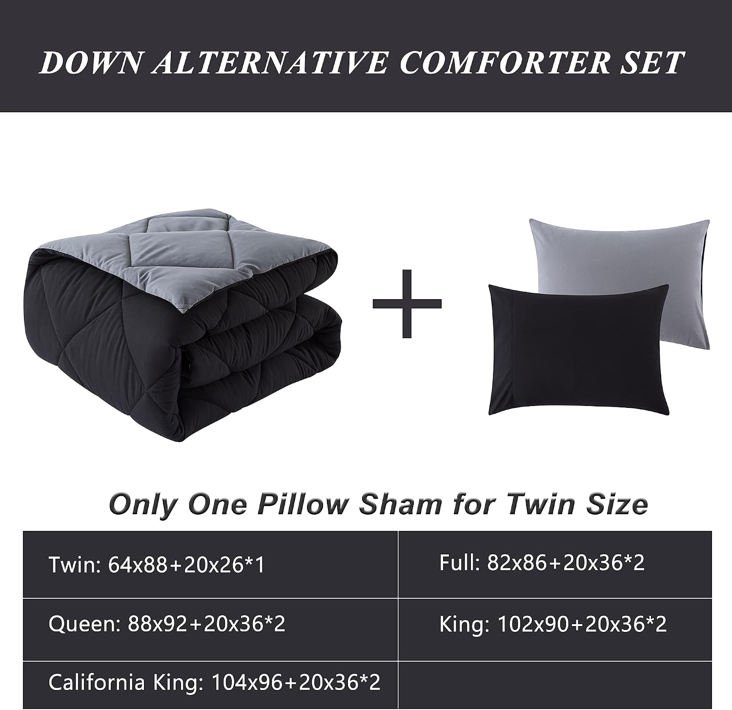 ELNIDO QUEEN 3 Pieces Comforter Set (Cal-King, Black & Grey) - 1 Reversible Down Alternative Comforter with 2 Pillow Shams - Soft Lightweight Duvet Insert | 104x96 inch