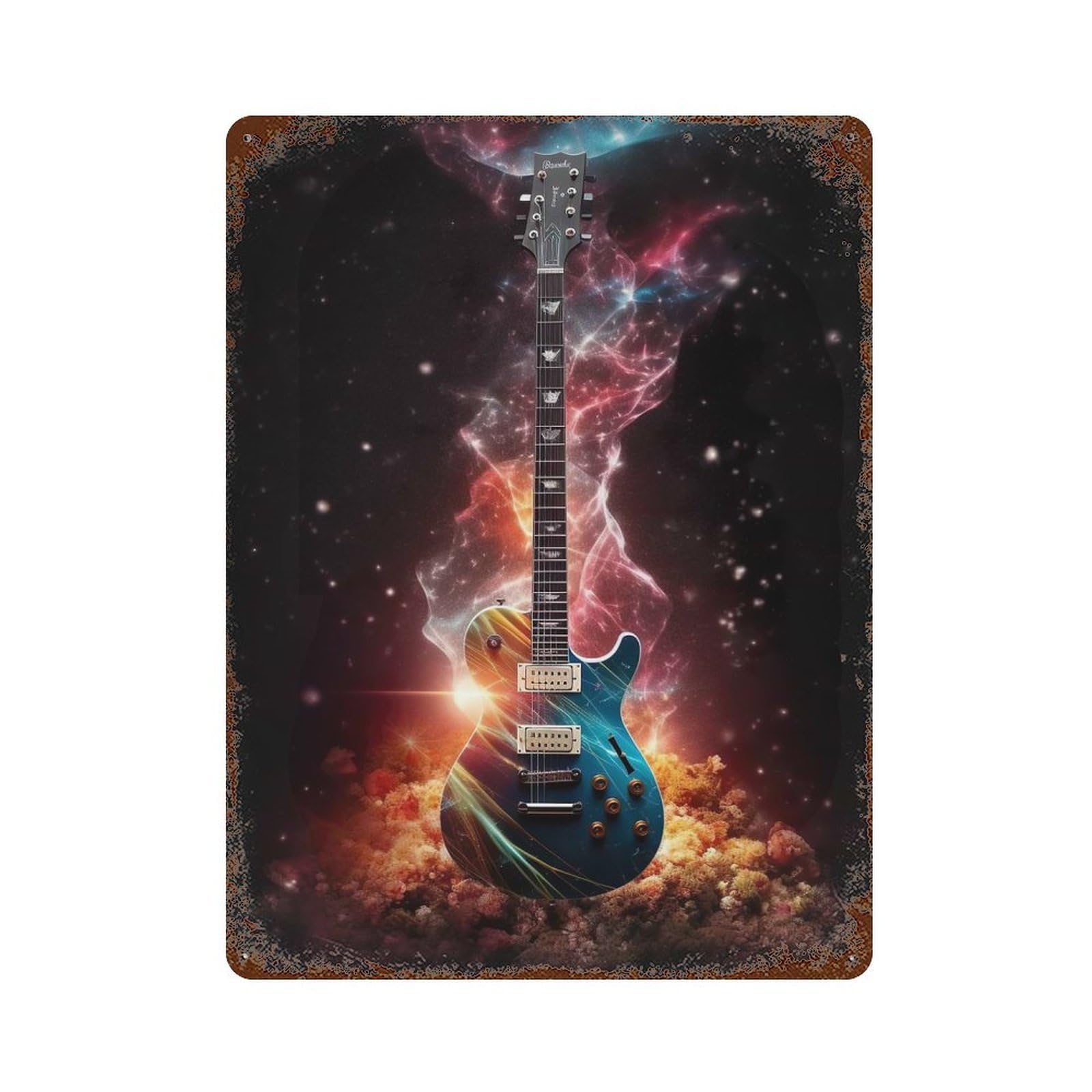 Distressed Metal Wall Sign with Burning Guitar Design 15.7"x11.8", for Living Room, Hallway And Home Decor, Vintage Wall Decor