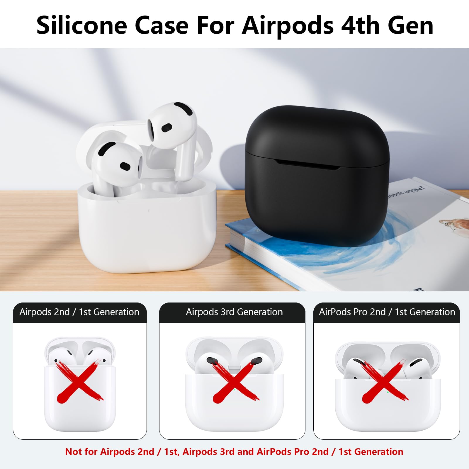 Silikonowe etui kompatybilne z AirPods 4 2024, osłona ochronna do AirPods 4 generacji, miękki silikonowy futerał do Airpods 4, widoczna przednia dioda LED (czarna)