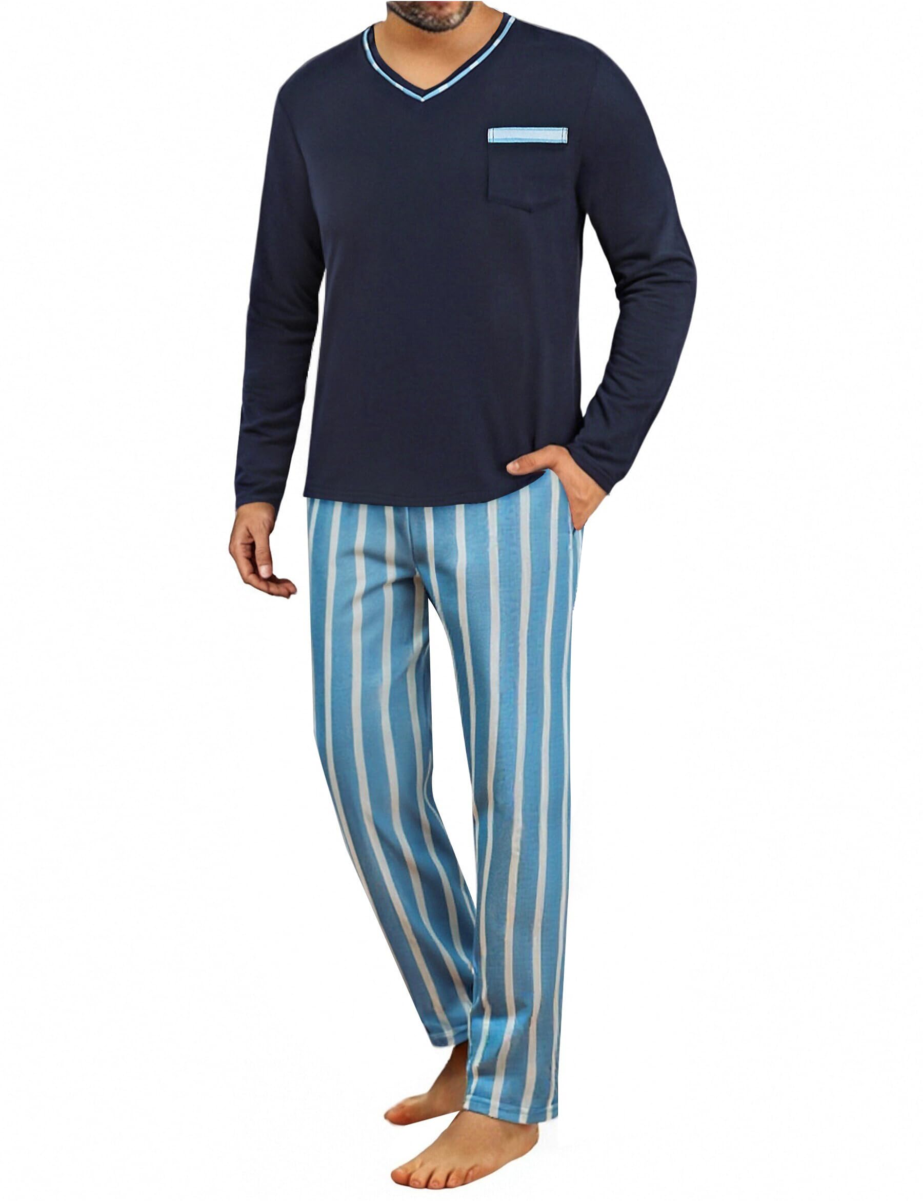 Demegimi Pijama Hombre Invierno Algodón Rayas Pijamas de Manga Larga para Hombres Conjuntos de Pijama de 2 Piezas Ropa de Dormir Cuello en V y Pantalones Largos Suaves