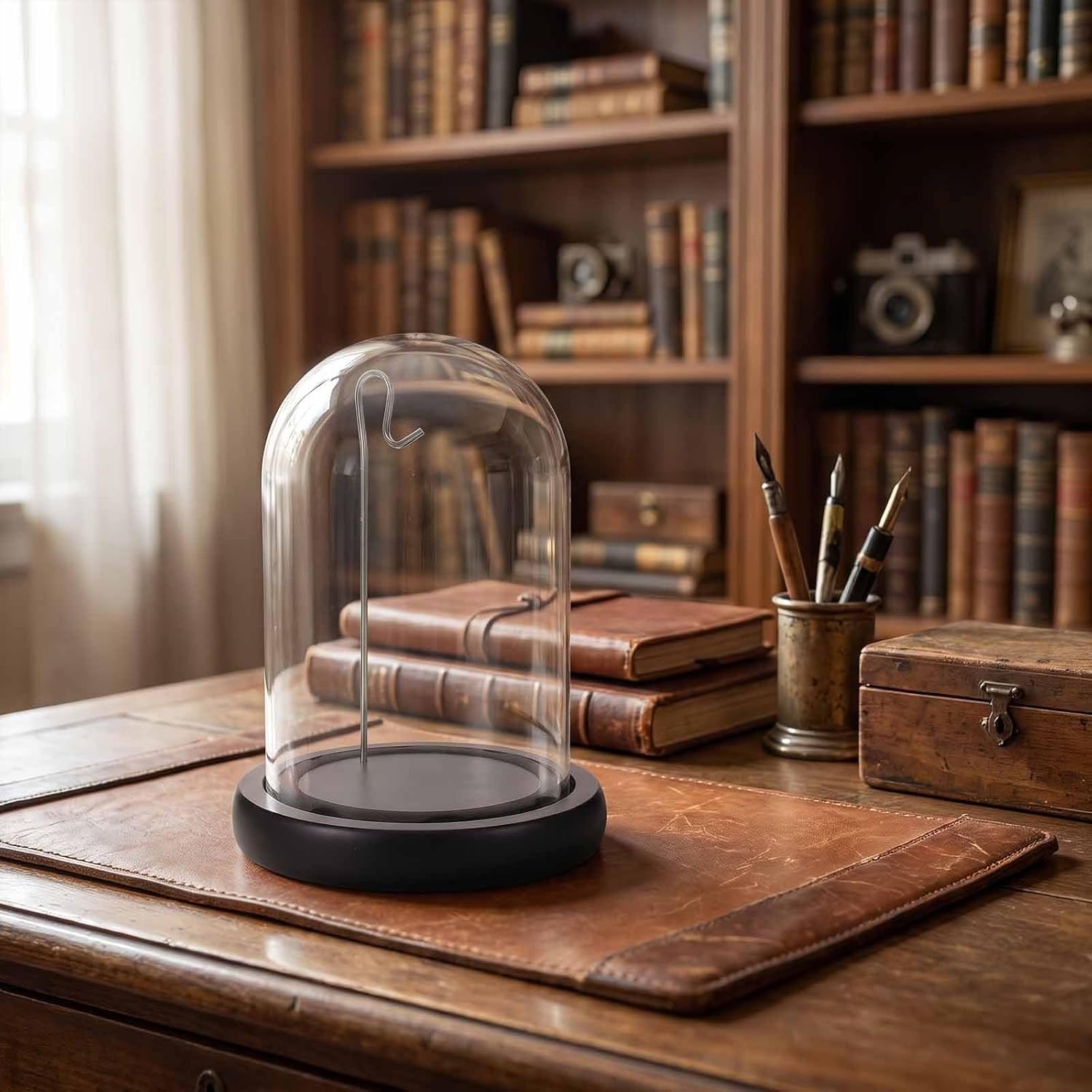 Pocket Watch Display Dome Case with Hook, Glass Wood Base
